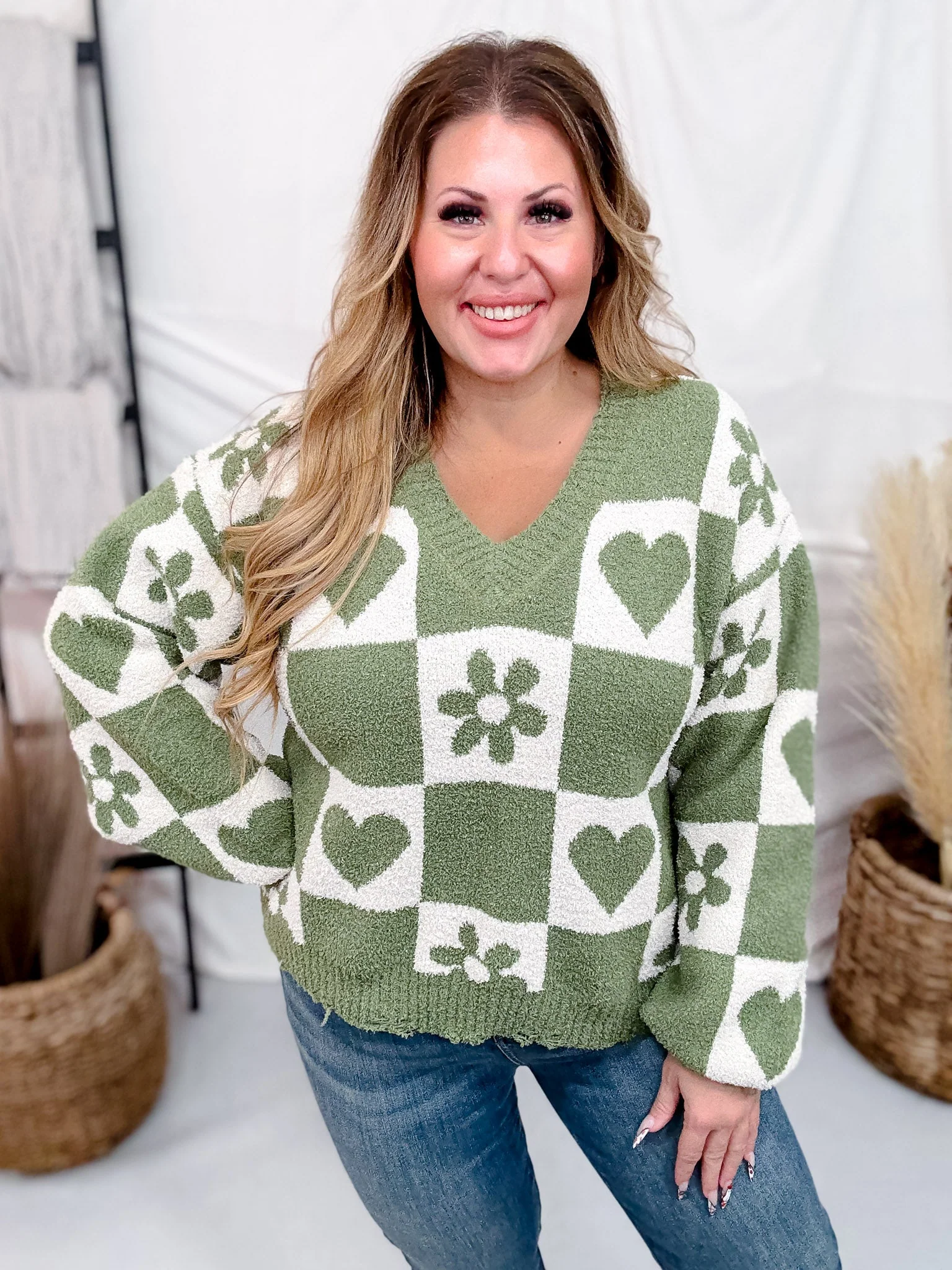Grass Green & Ivory Heart & Flower Checkered Sweater FINAL SALE - Image 7