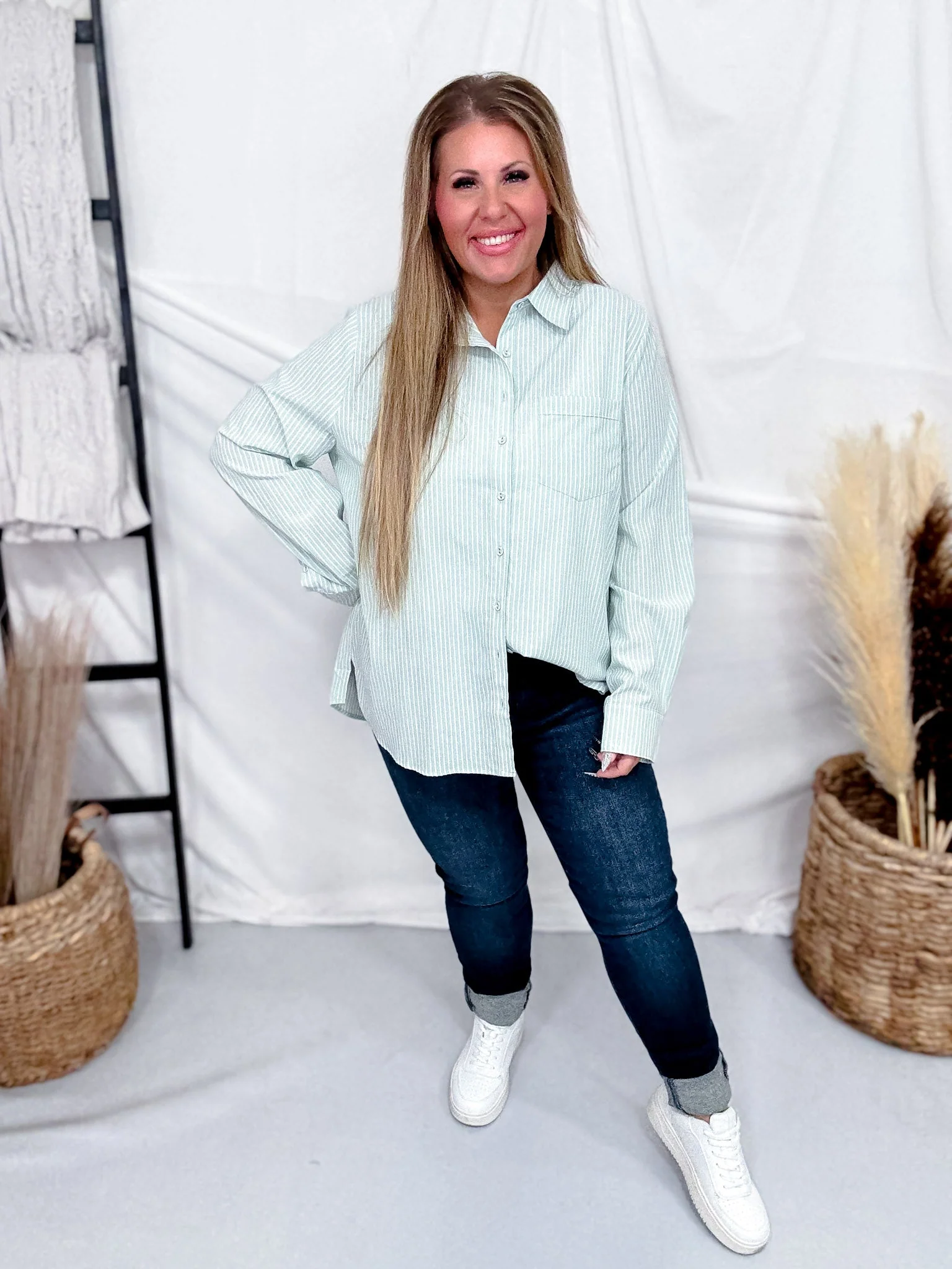 Green Striped Long Sleeve Button Down Shirt - Image 2