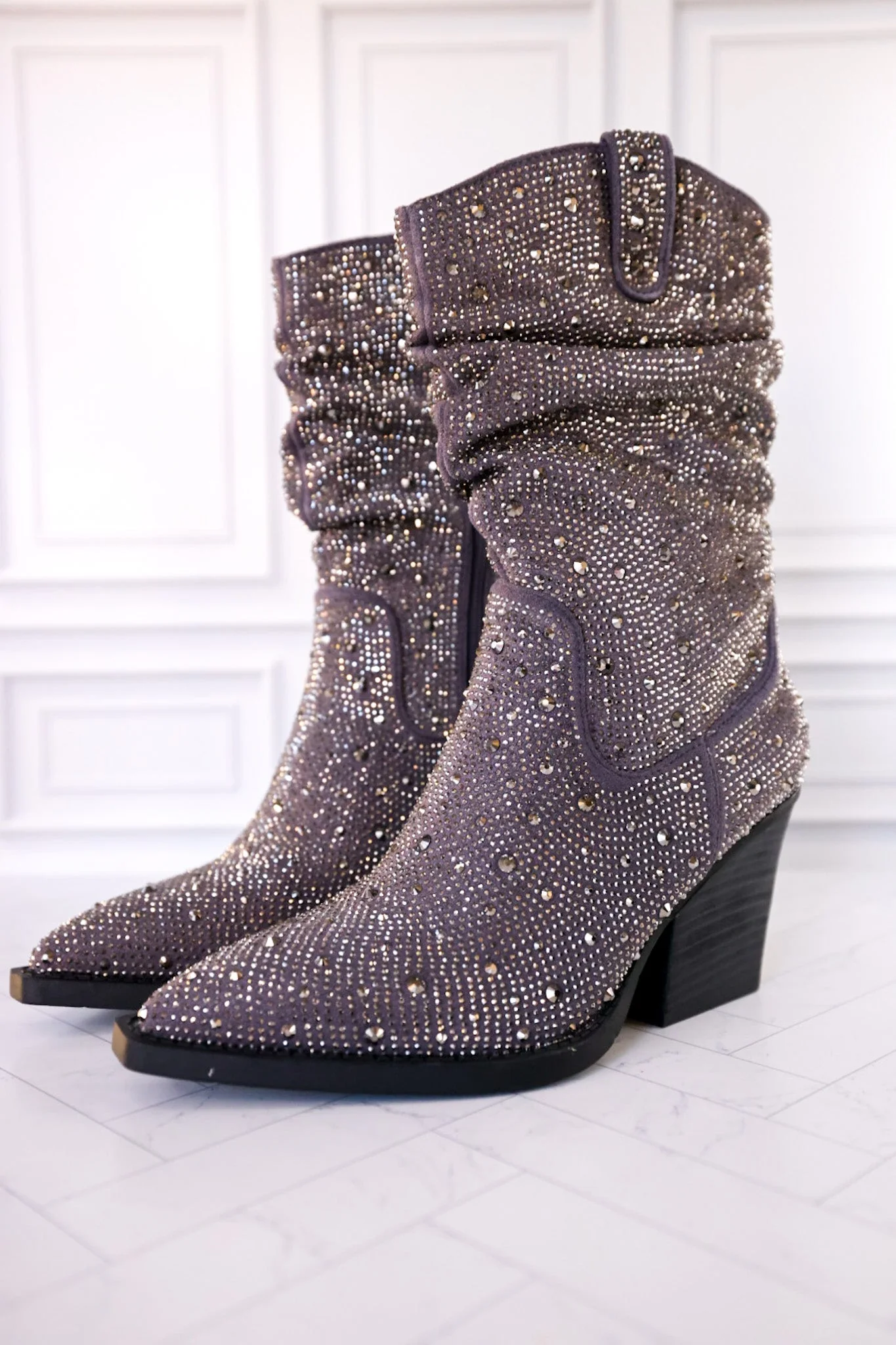 Grey Rhinestone Scrunchy Pull On Boots FINAL SALE - Image 3