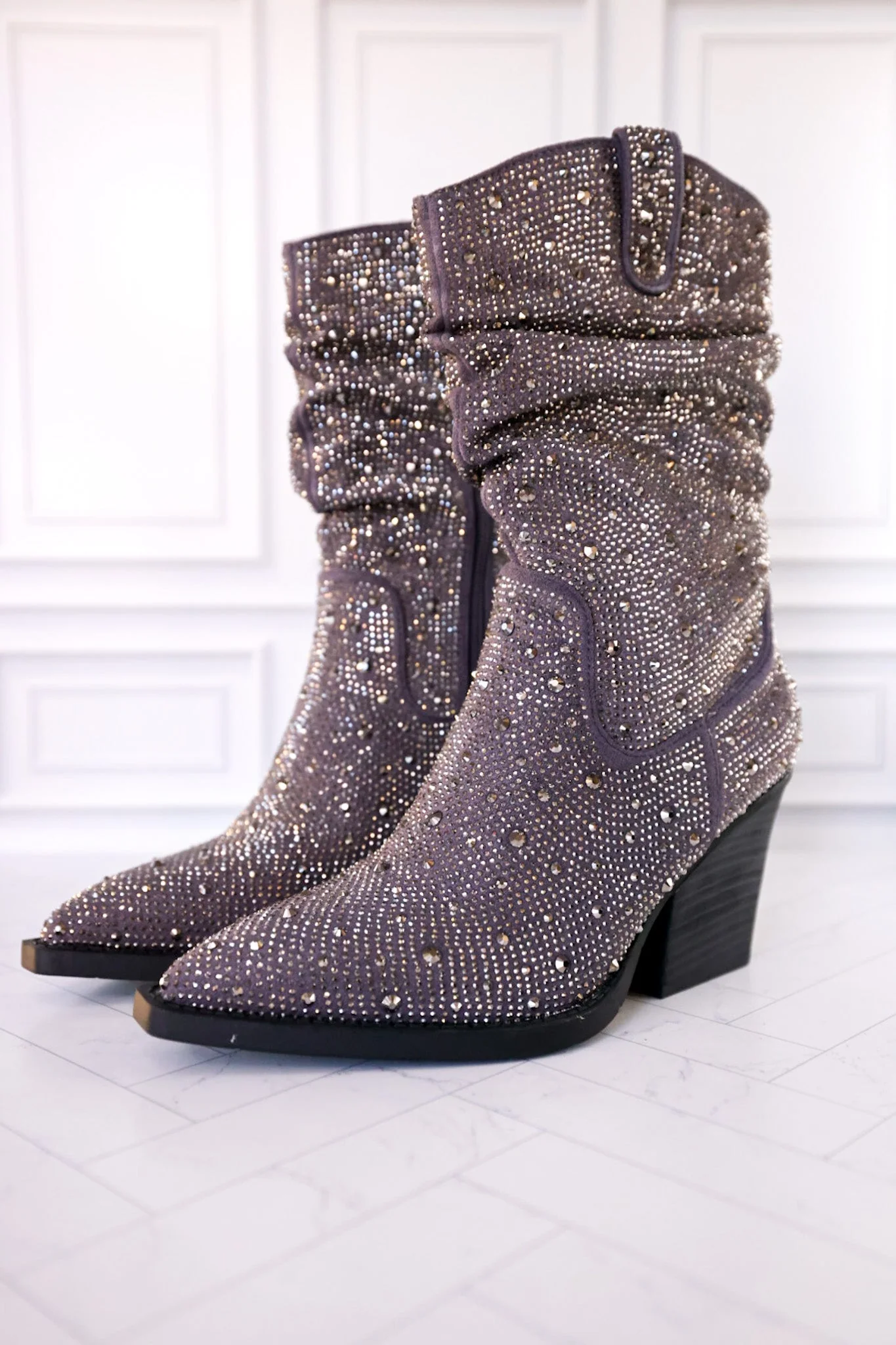 Grey Rhinestone Scrunchy Pull On Boots FINAL SALE - Image 4