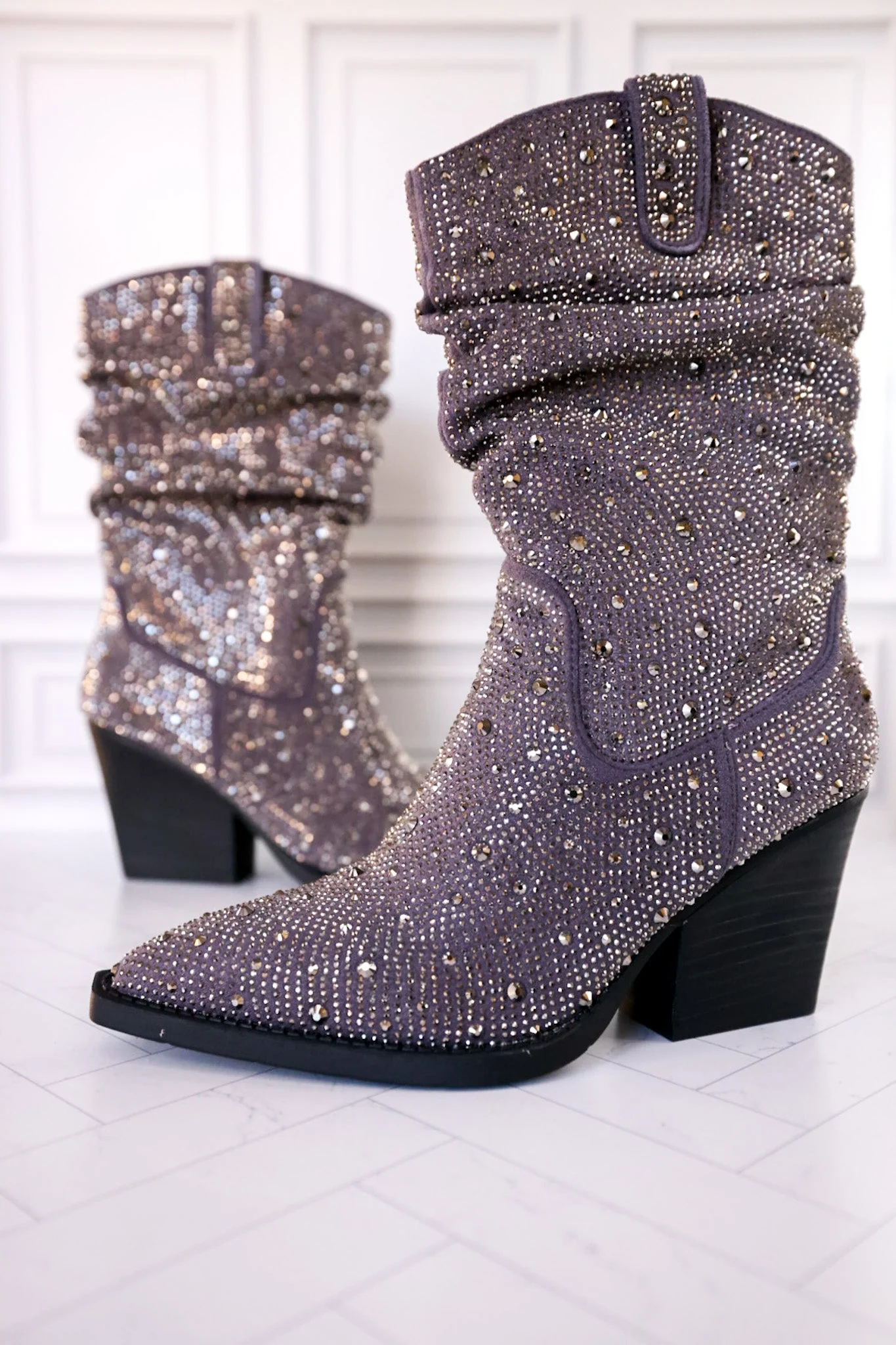 Grey Rhinestone Scrunchy Pull On Boots FINAL SALE - Image 5