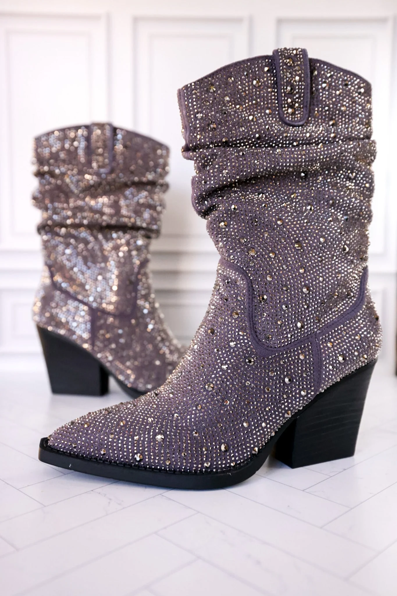 Grey Rhinestone Scrunchy Pull On Boots FINAL SALE - Image 6
