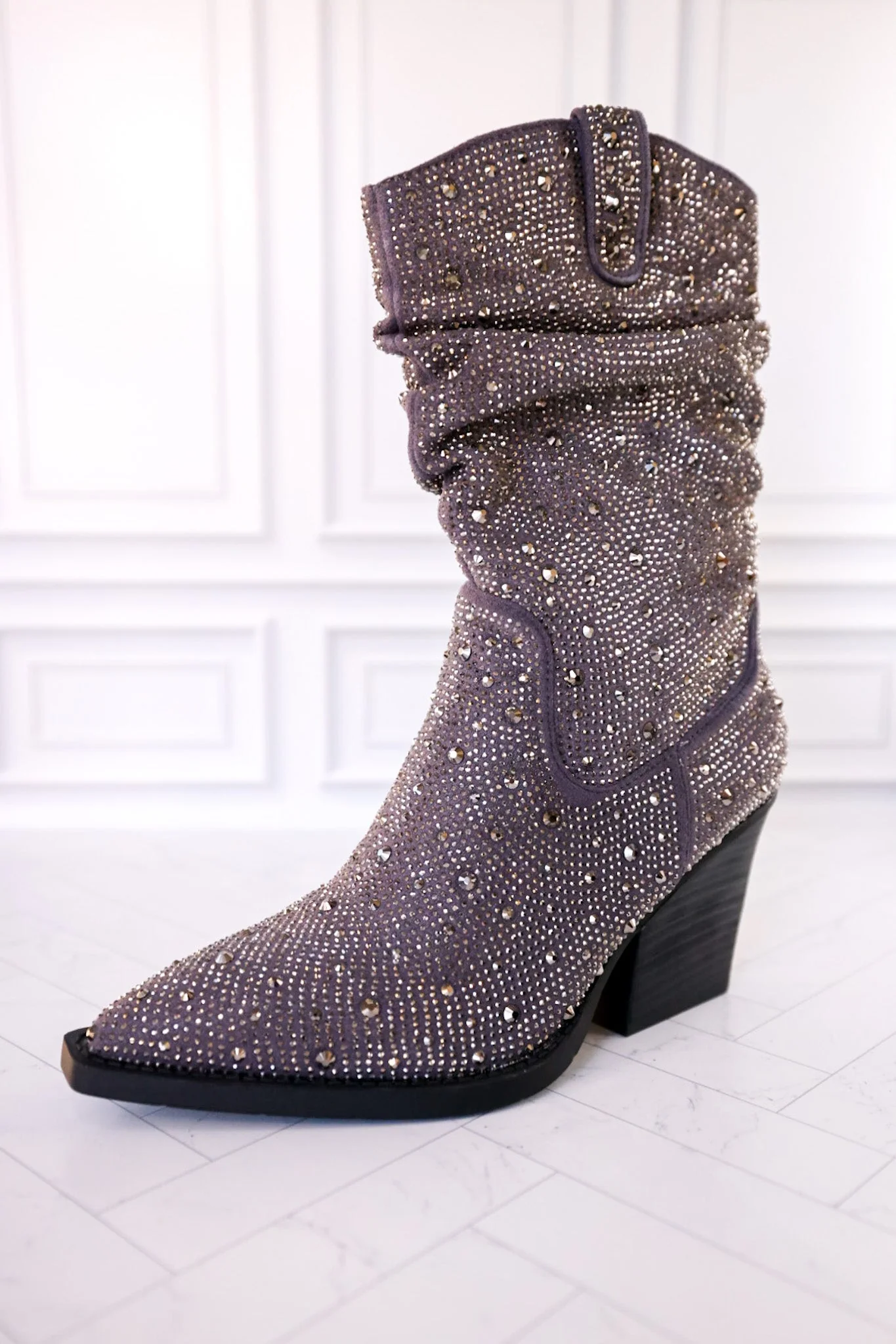 Grey Rhinestone Scrunchy Pull On Boots FINAL SALE - Image 9