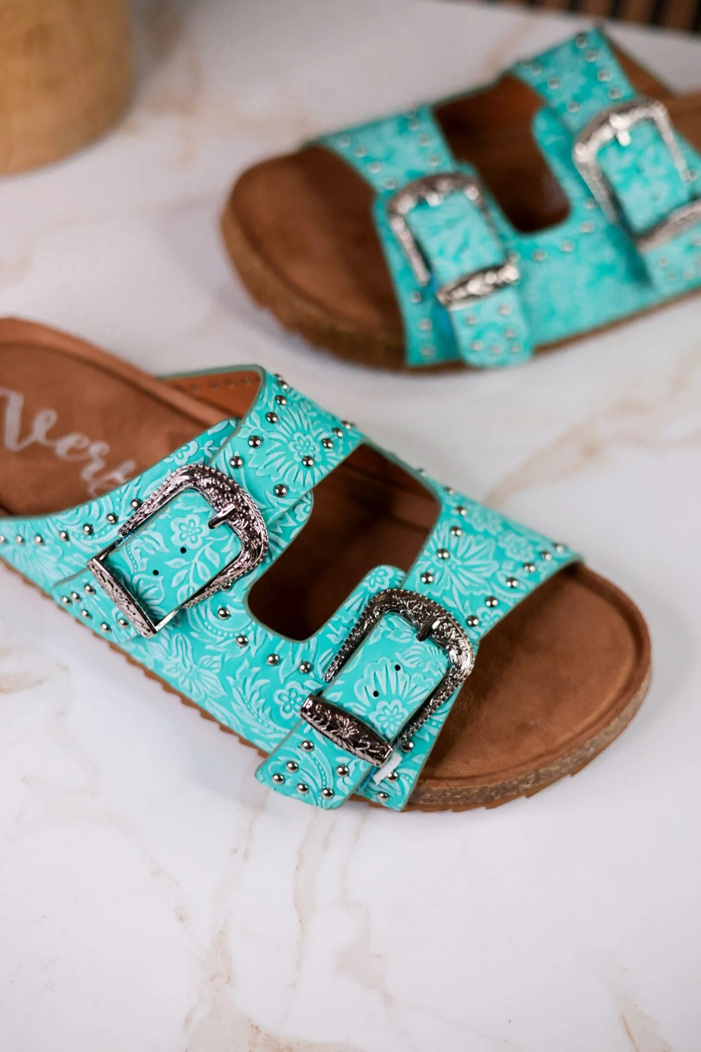 "Heidi" Turquoise Floral Embossed Sandals With Western Style Buckles - Image 2