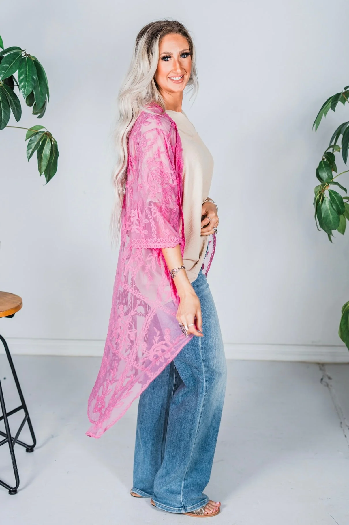 Hot Pink Open Front Embroidered Kimono FINAL SALE - Image 10