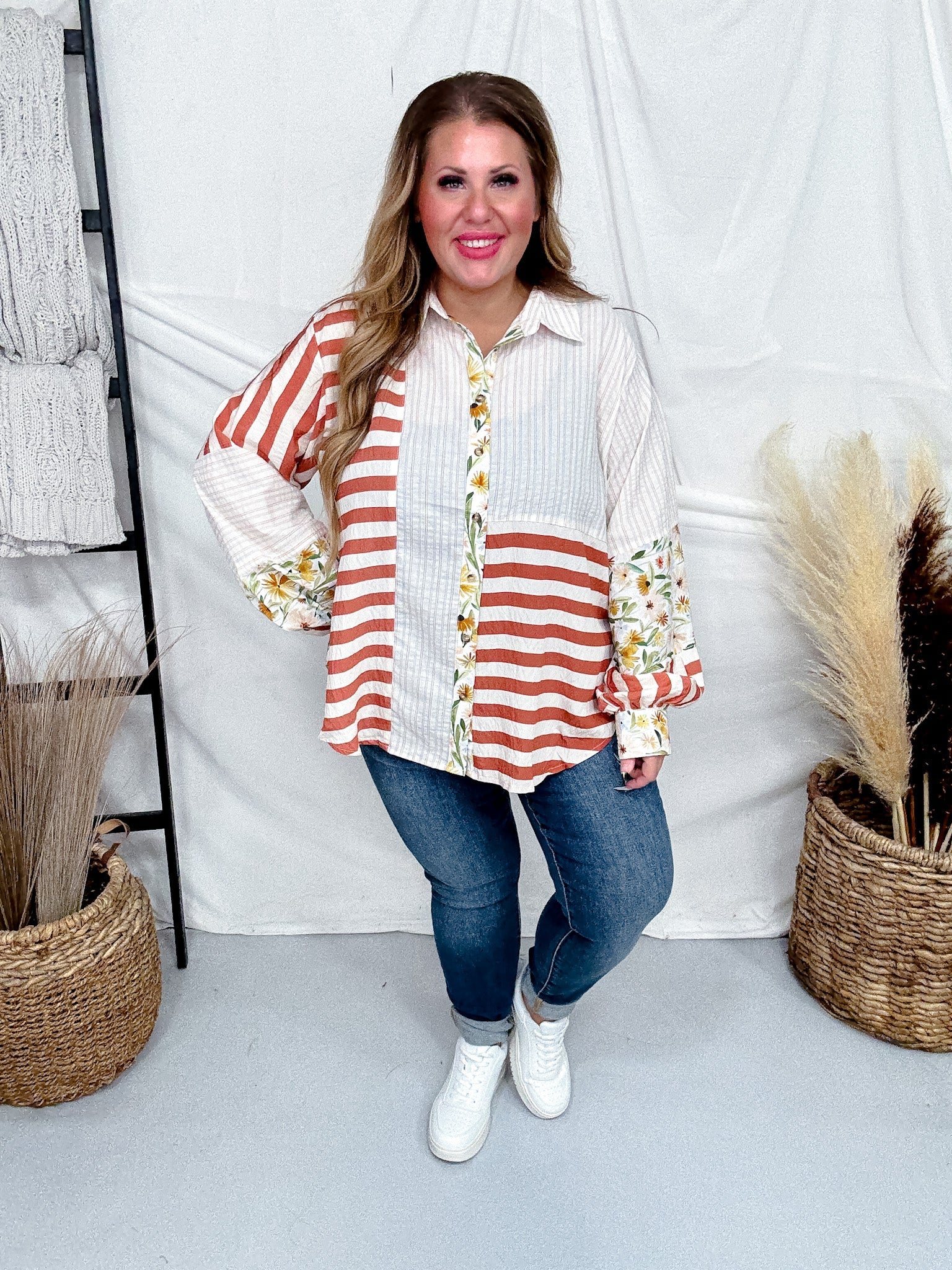 Ivory And Rust Mixed Print Button Down Top - Image 4