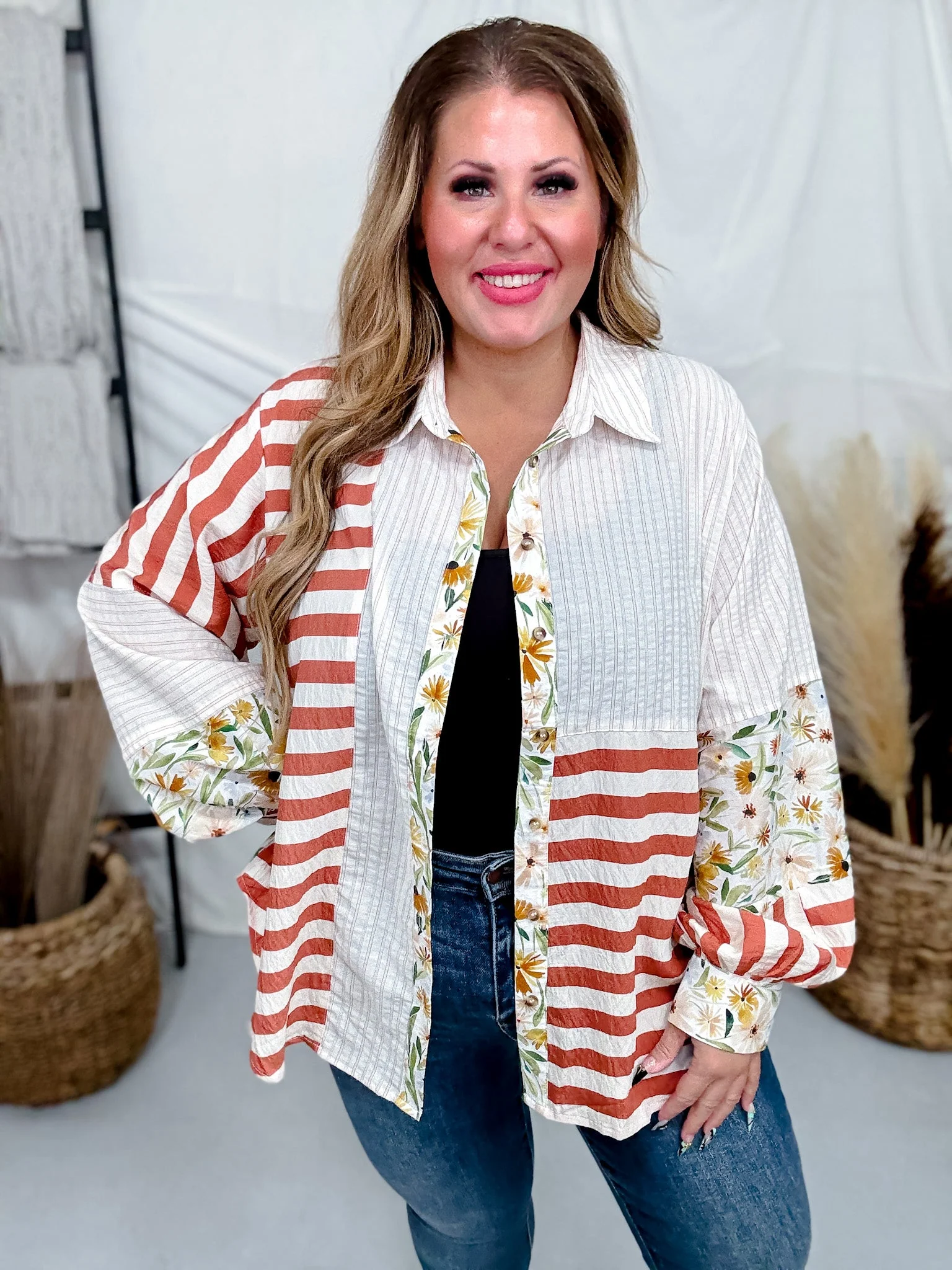 Ivory And Rust Mixed Print Button Down Top - Image 5