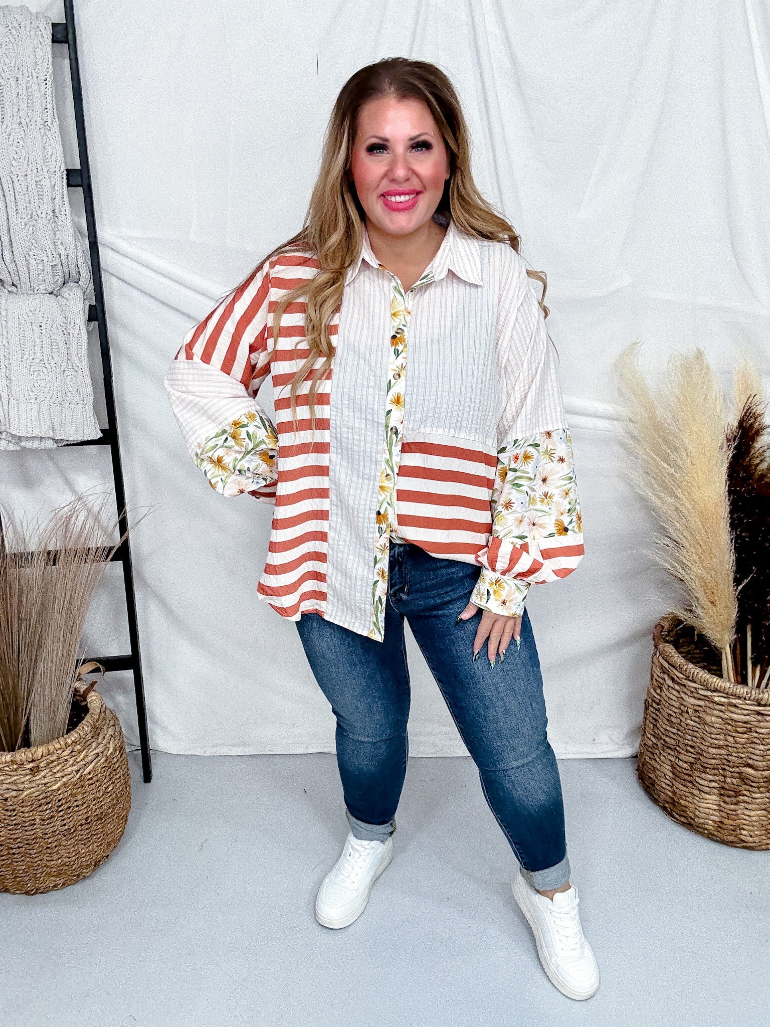Ivory And Rust Mixed Print Button Down Top - Image 6
