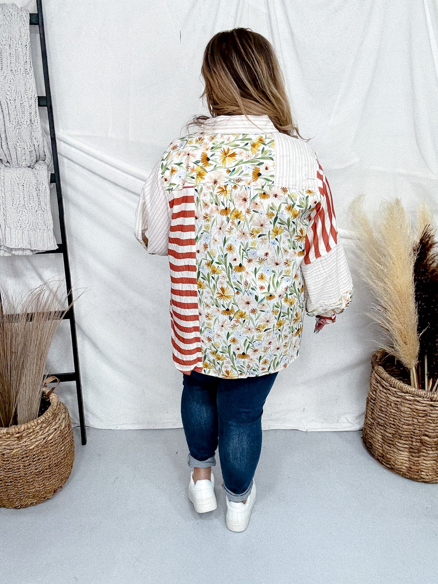 Ivory And Rust Mixed Print Button Down Top - Image 7