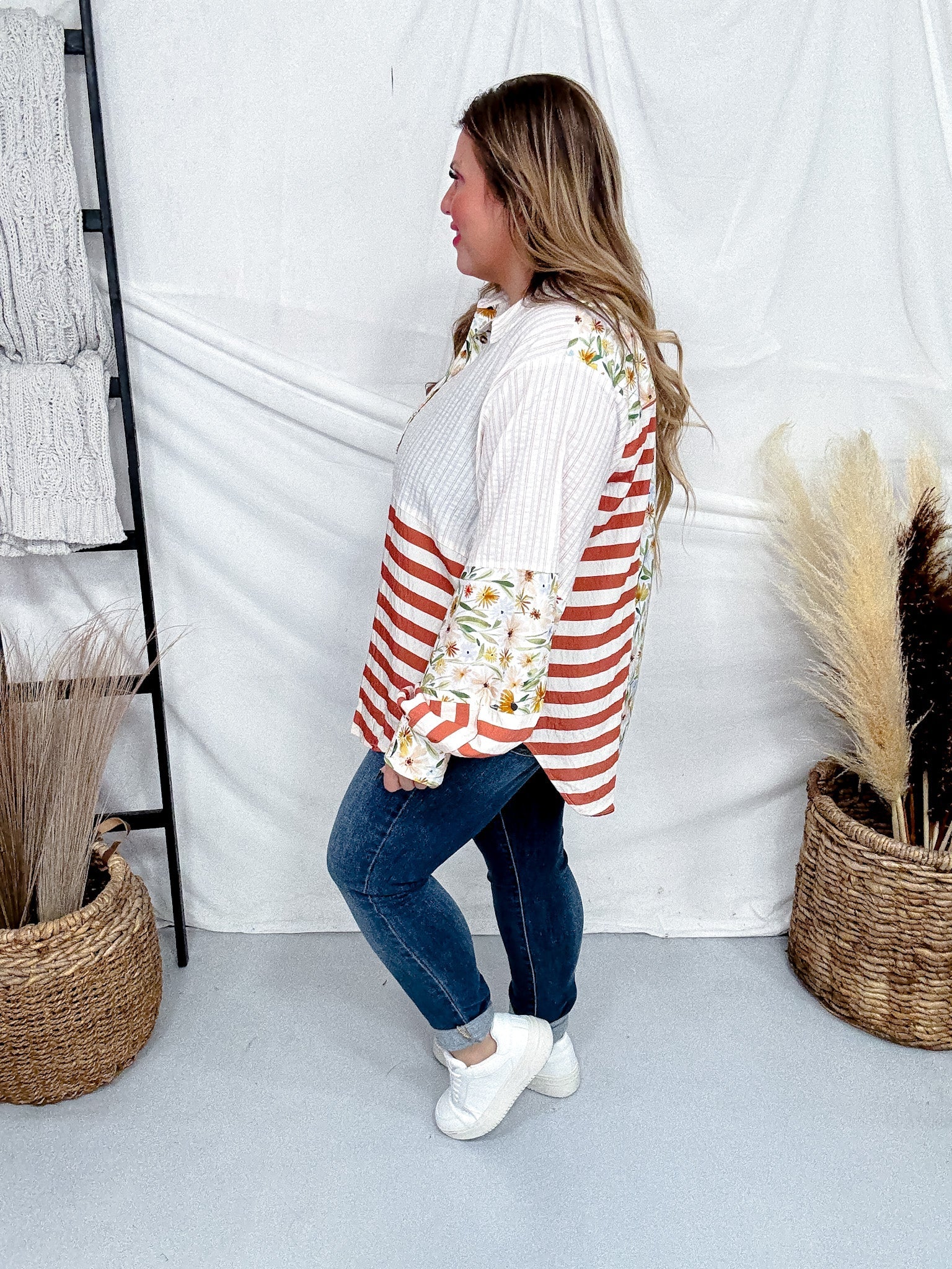 Ivory And Rust Mixed Print Button Down Top - Image 8