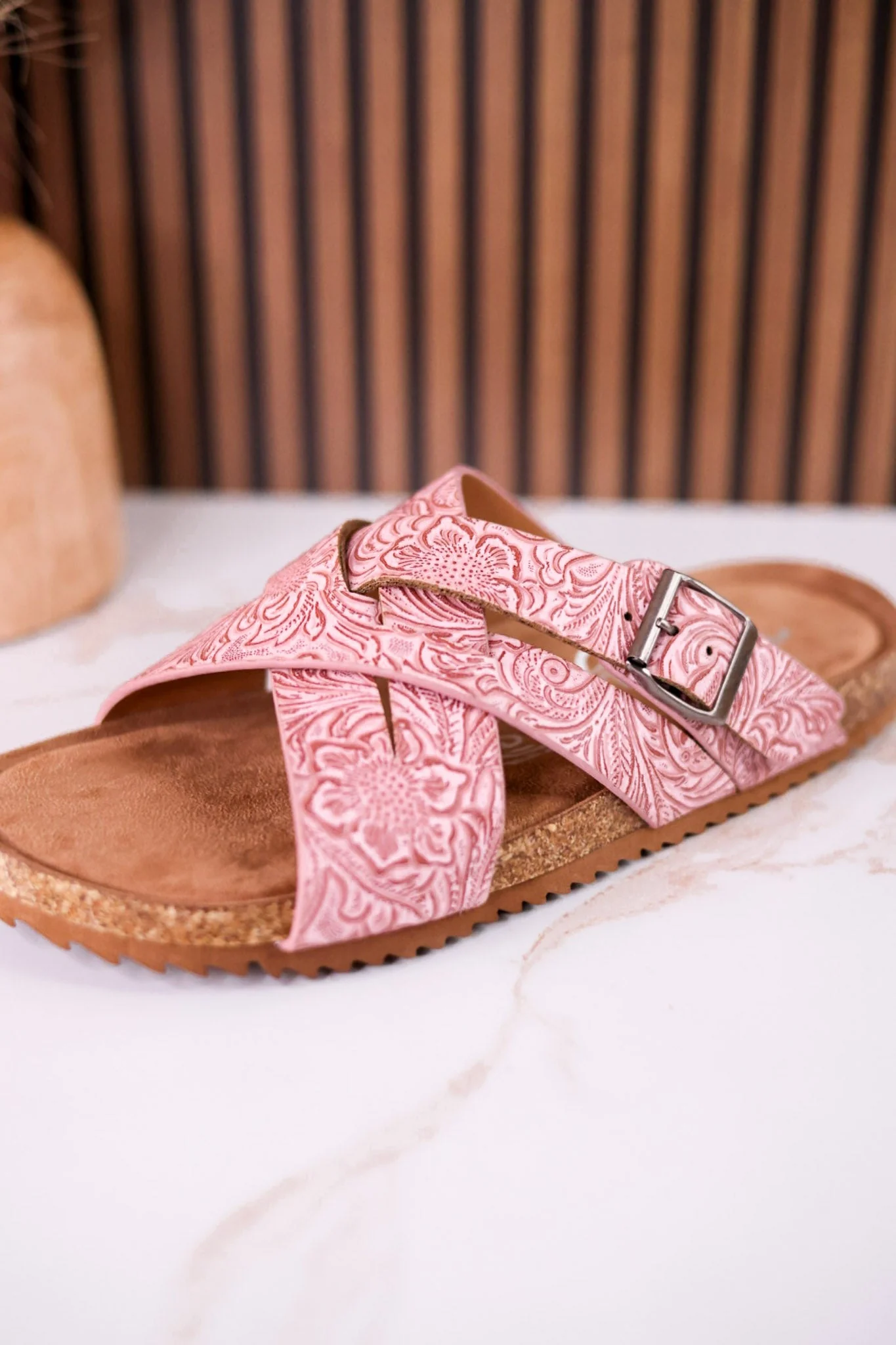"Jada" Tooled Faux Leather Slip On Sandals In Blush - Image 3