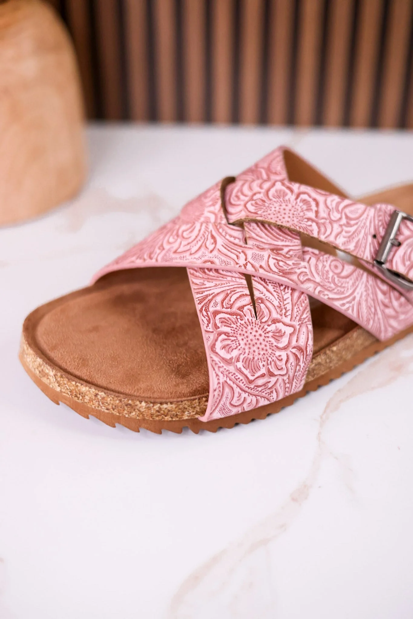"Jada" Tooled Faux Leather Slip On Sandals In Blush - Image 9
