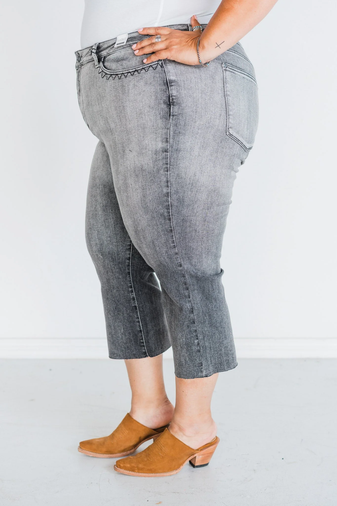 Judy Blue High Waist Gray Cropped Jeans with Embroidered Pocket Detail FINAL SALE - Image 10