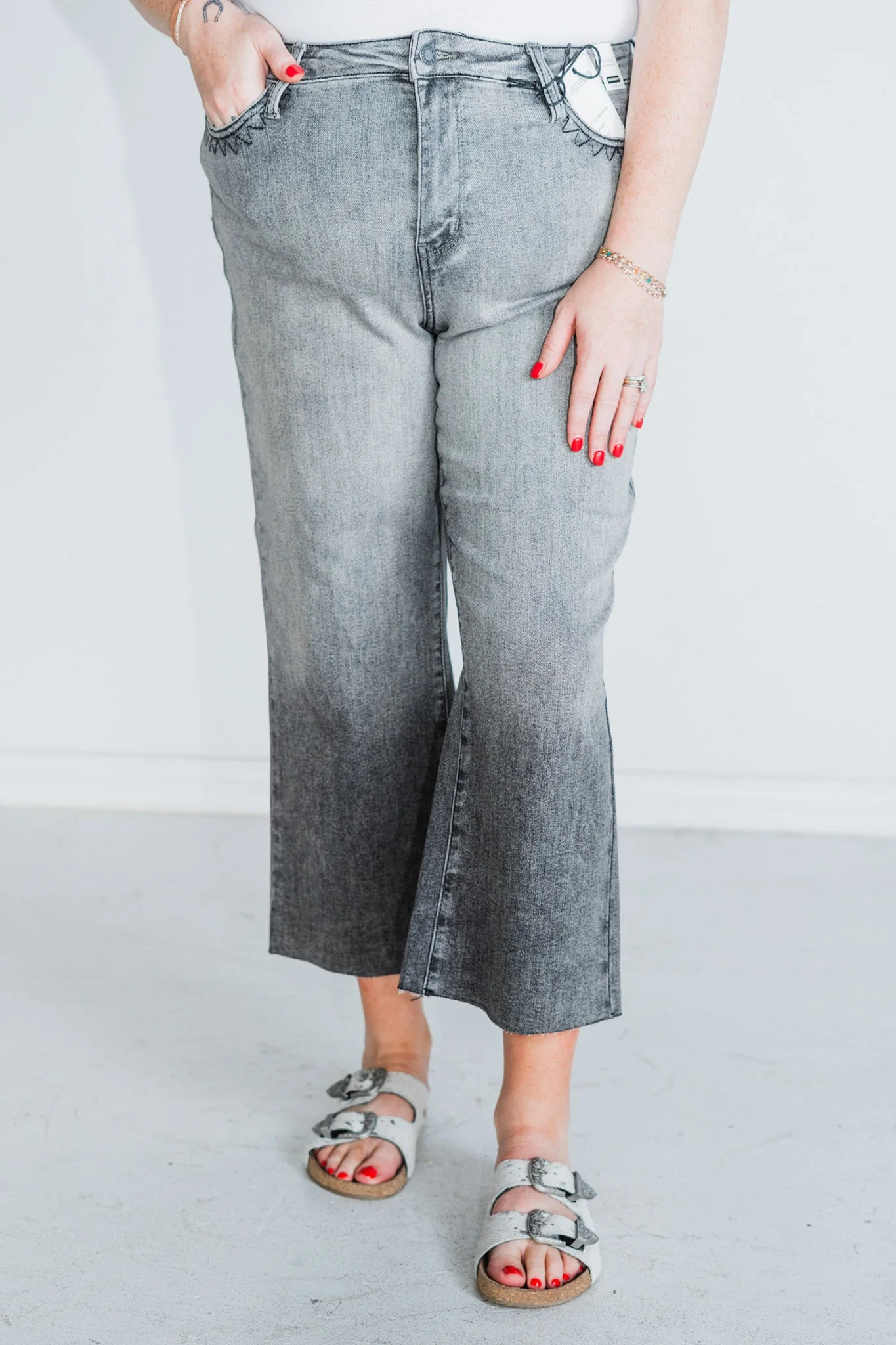 Judy Blue High Waist Gray Cropped Jeans with Embroidered Pocket Detail FINAL SALE - Image 13