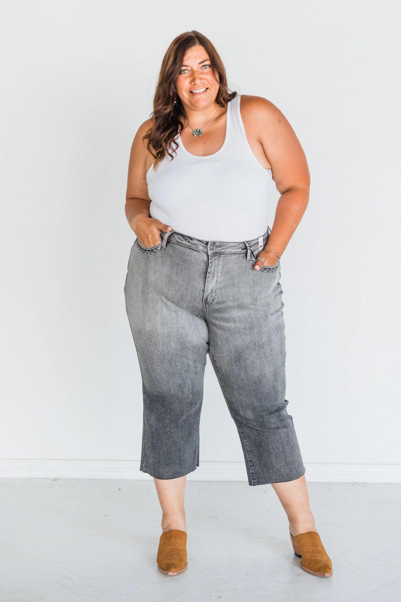 Judy Blue High Waist Gray Cropped Jeans with Embroidered Pocket Detail FINAL SALE - Image 8
