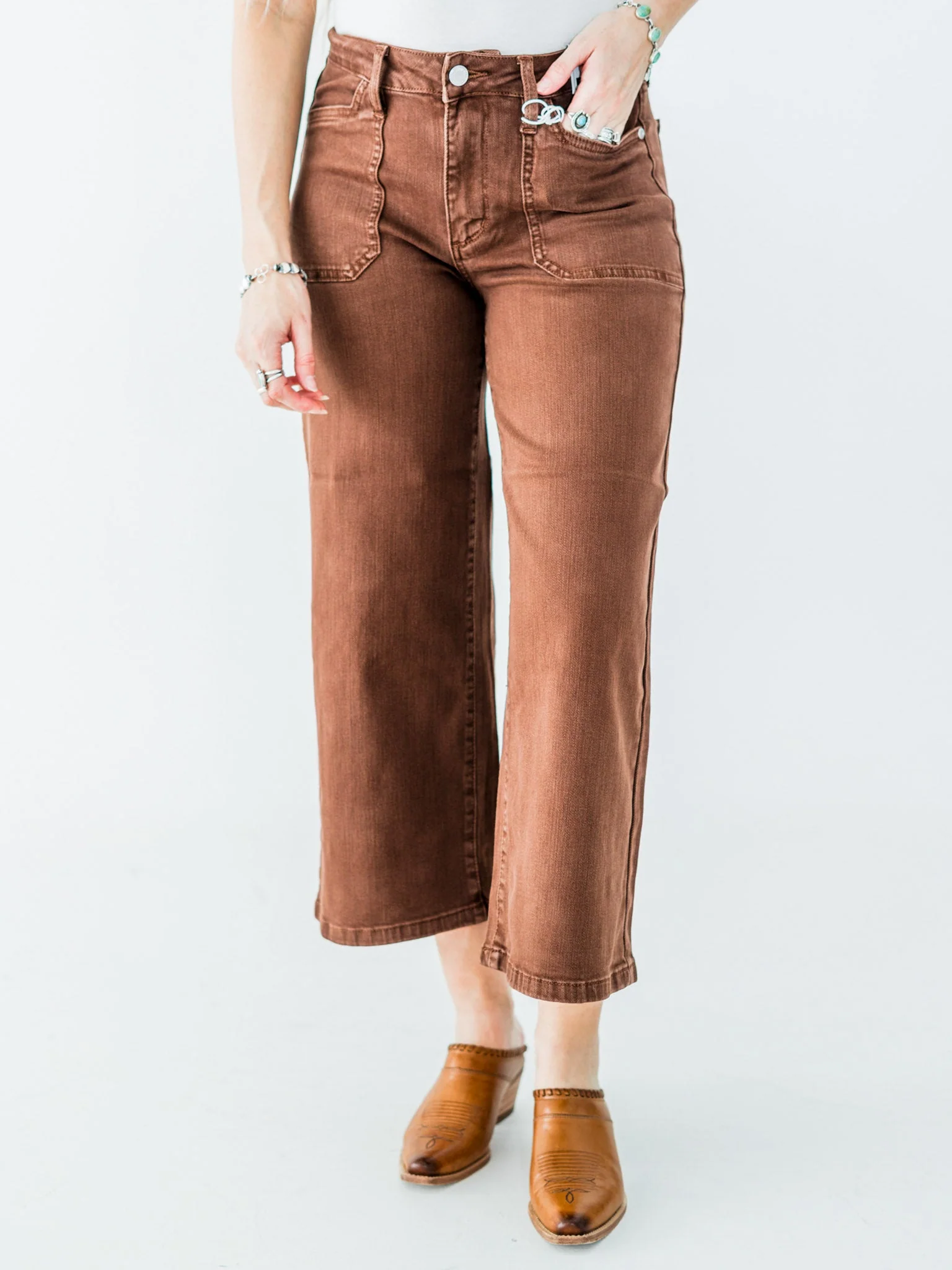 Judy Blue Mid-Rise Wide Leg Cropped Maple Garment Dyed Utility Pocket Jeans FINAL SALE - Image 7