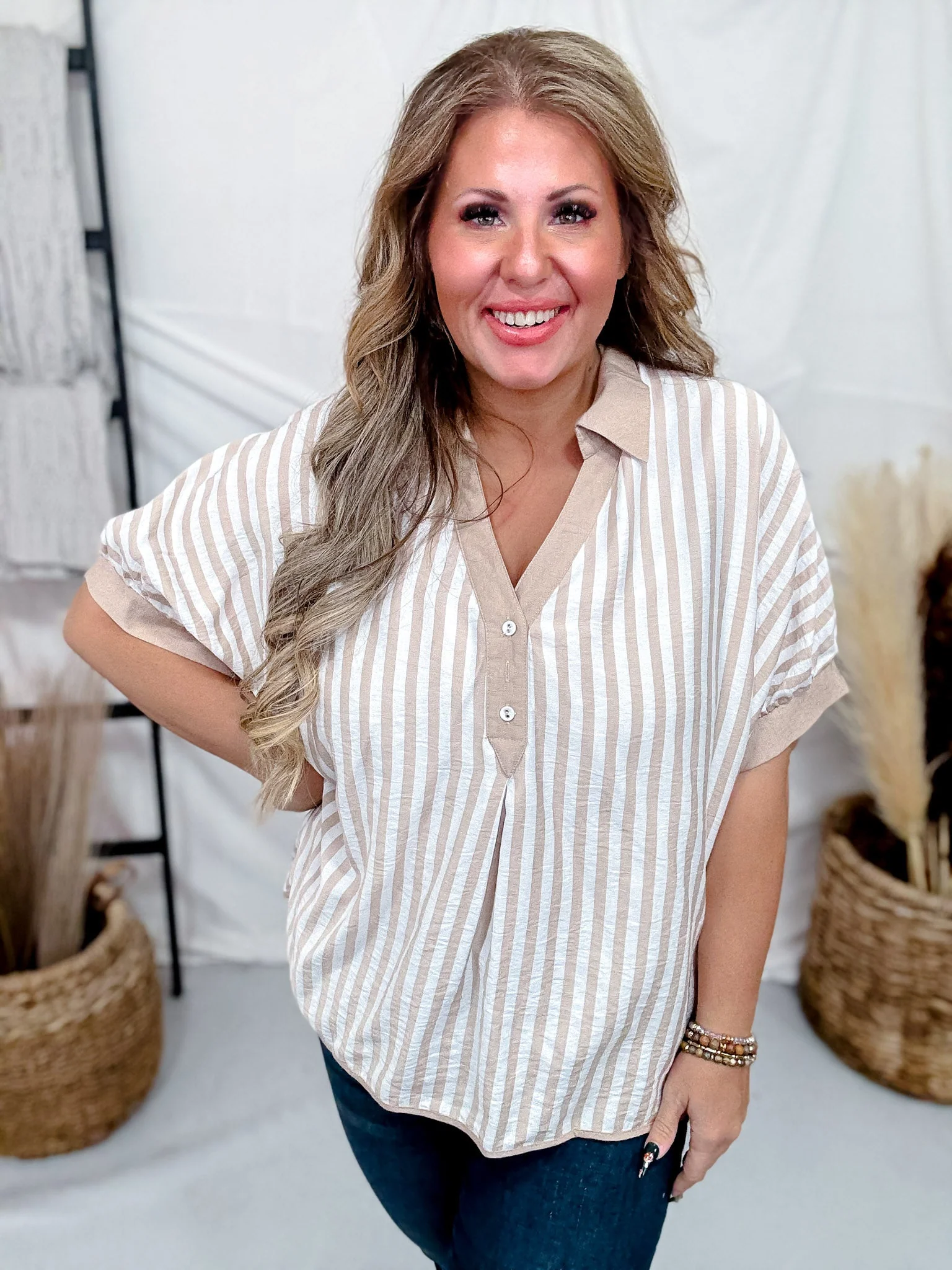 Latte Striped Top With Split V-Neck & Cuffed Sleeves FINAL SALE - Image 3