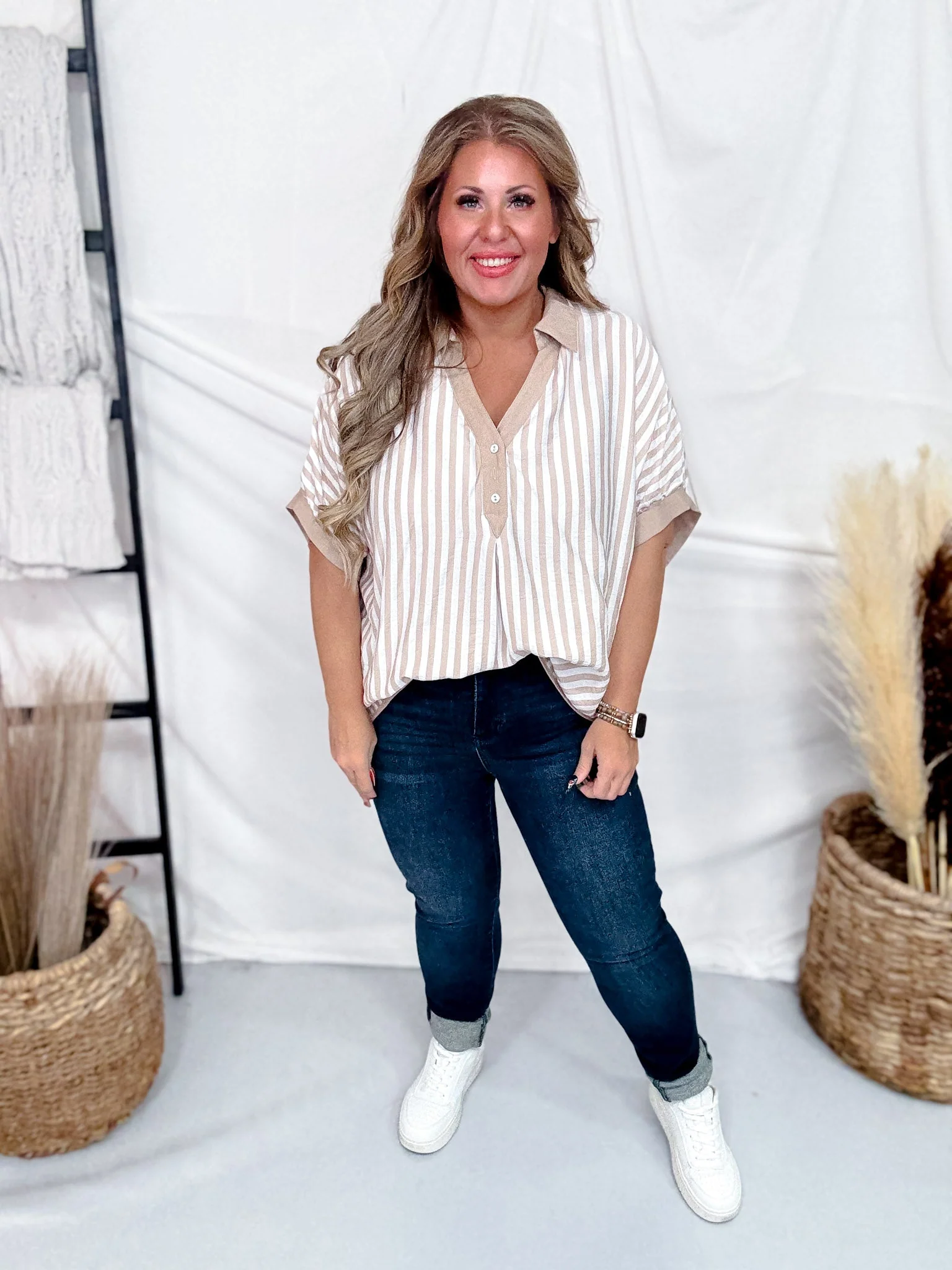Latte Striped Top With Split V-Neck & Cuffed Sleeves FINAL SALE - Image 5