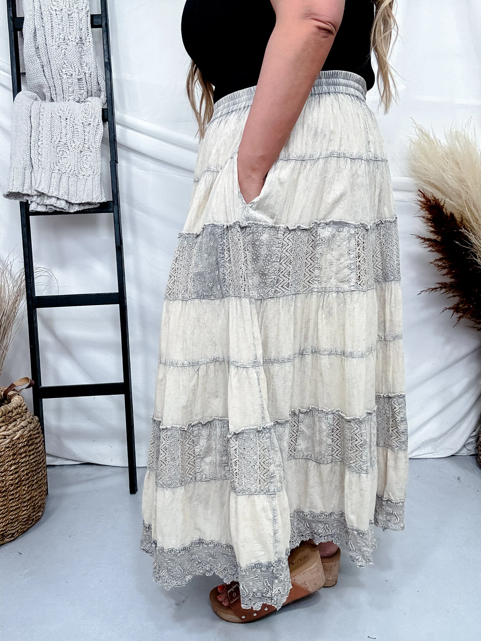 Latte Tiered Crinkle Skirt W/ Patchwork Detailing FINAL SALE - Image 4