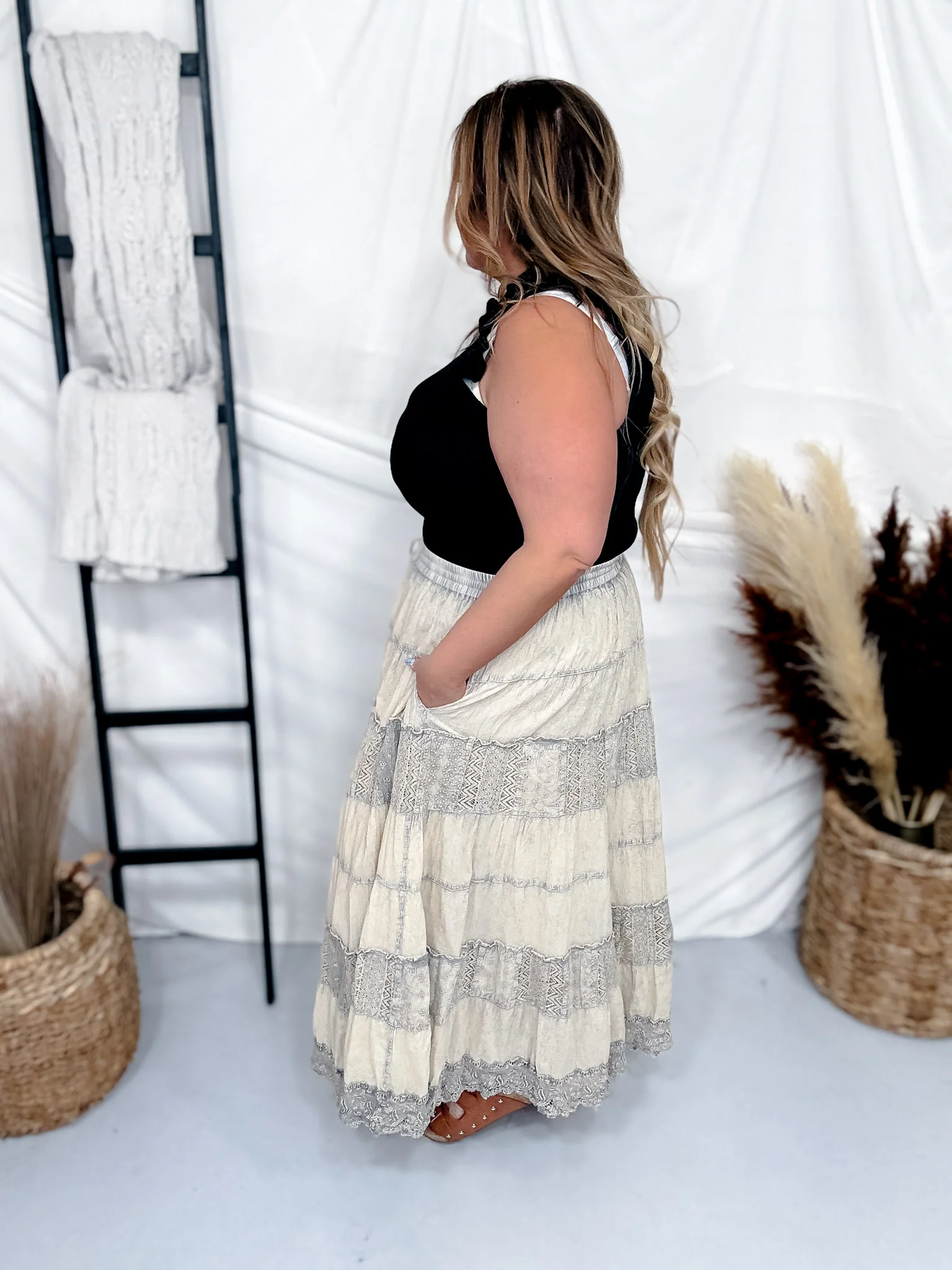 Latte Tiered Crinkle Skirt W/ Patchwork Detailing FINAL SALE - Image 7