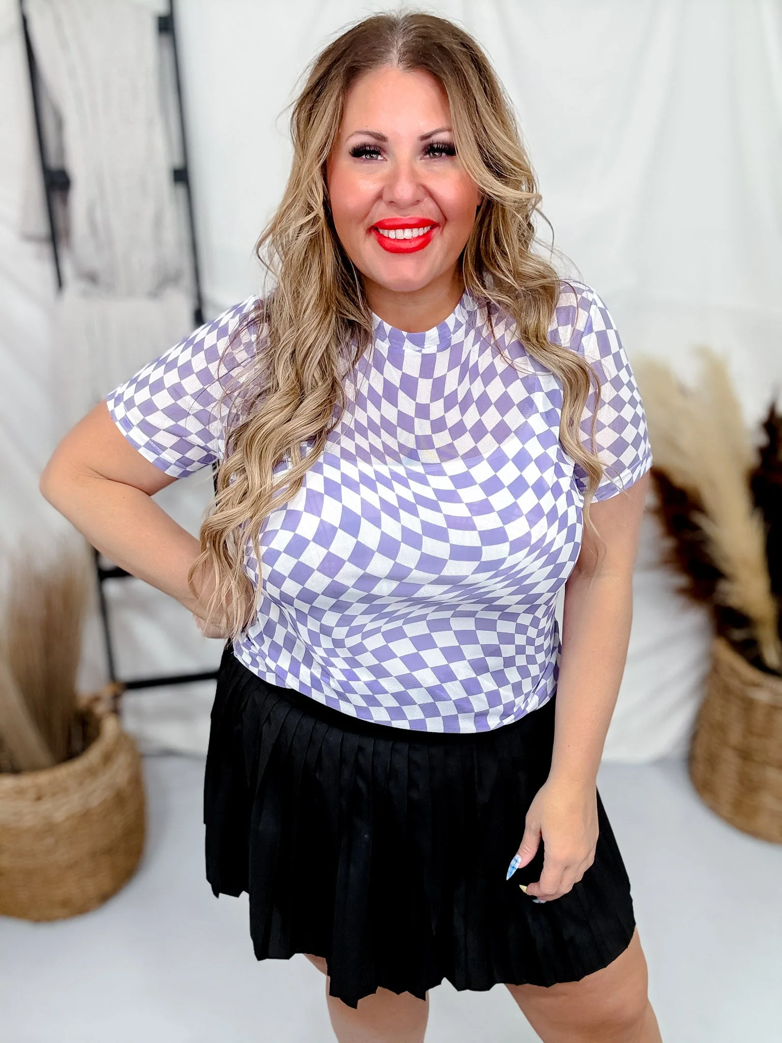 Lavender & White Checker Short Sleeve Mesh Top FINAL SALE - Image 7
