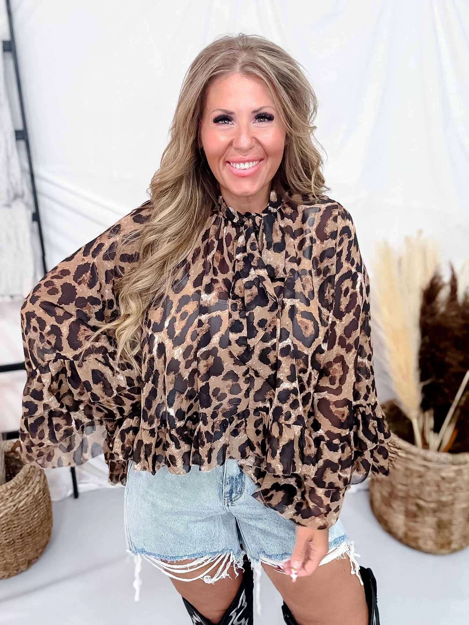 Leopard Print Sheer Chiffon Blouse With Tie Neckline & Ruffled Hem - Image 8