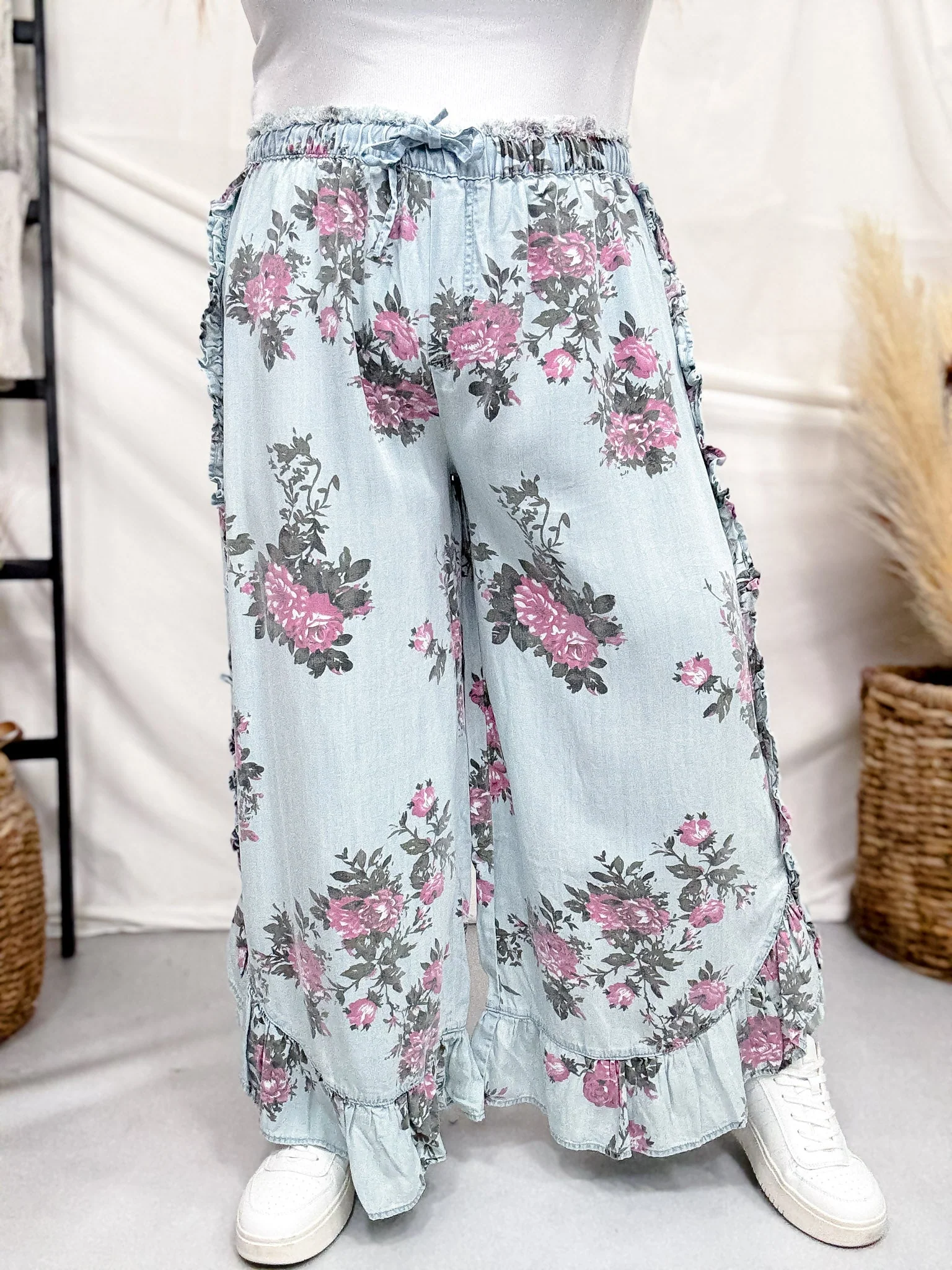 Light Blue Floral Chambray Pants With Ruffled Hem FINAL SALE - Image 3