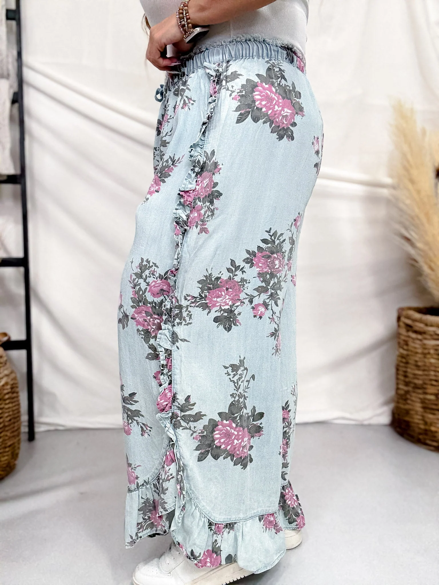 Light Blue Floral Chambray Pants With Ruffled Hem FINAL SALE - Image 4