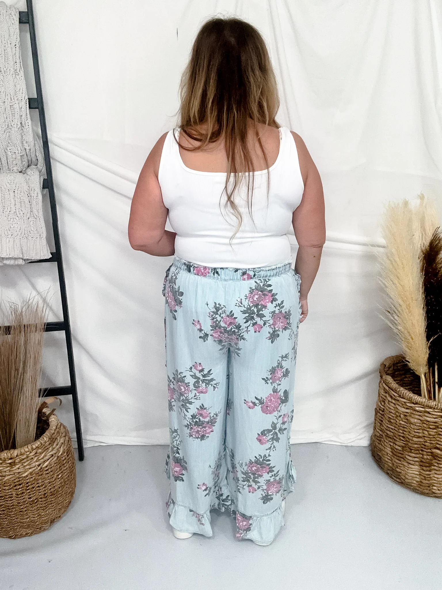 Light Blue Floral Chambray Pants With Ruffled Hem FINAL SALE - Image 7