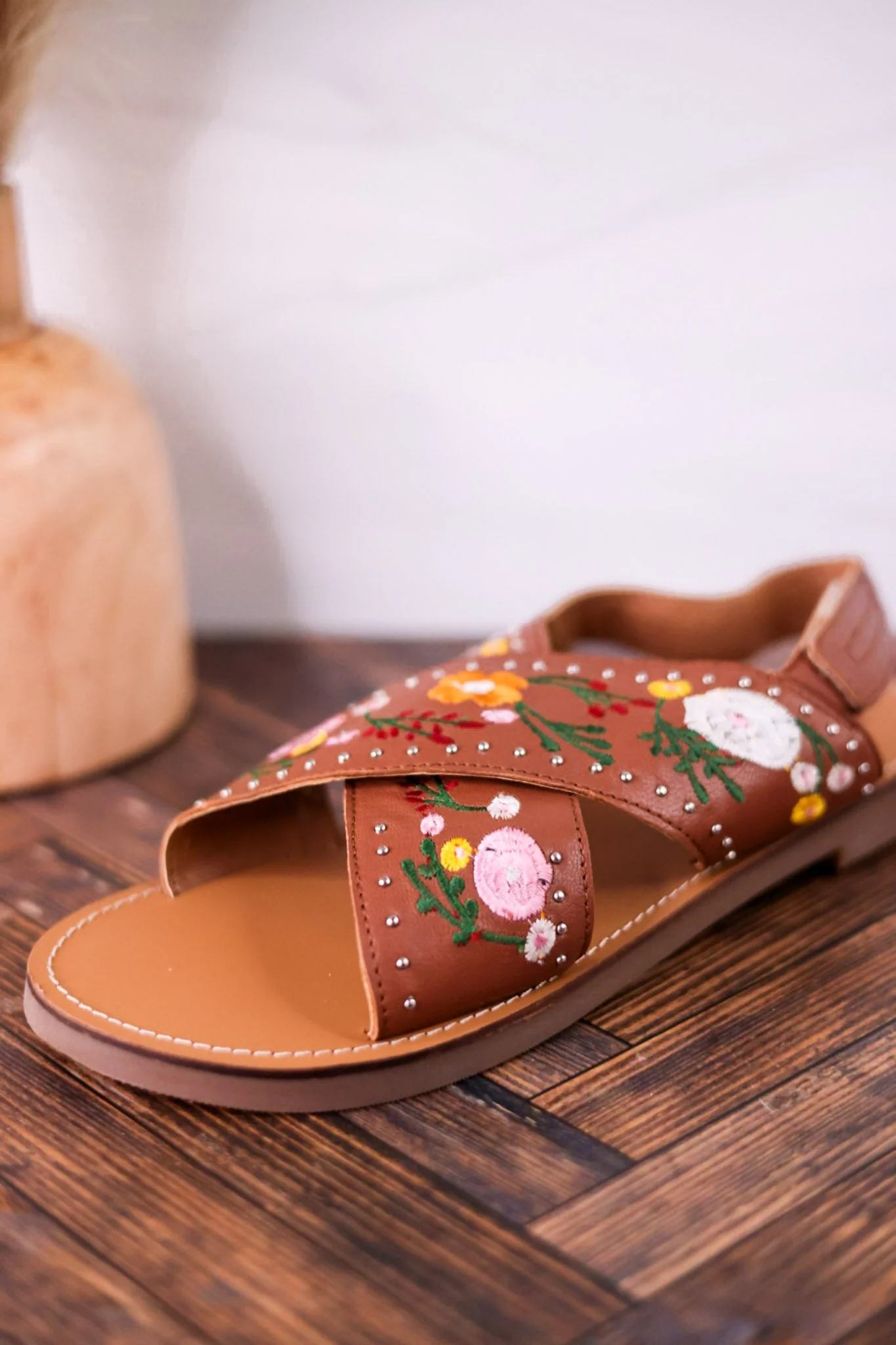 Lilytrail Floral Embroidered Tan Leather Sandals FINAL SALE - Image 8