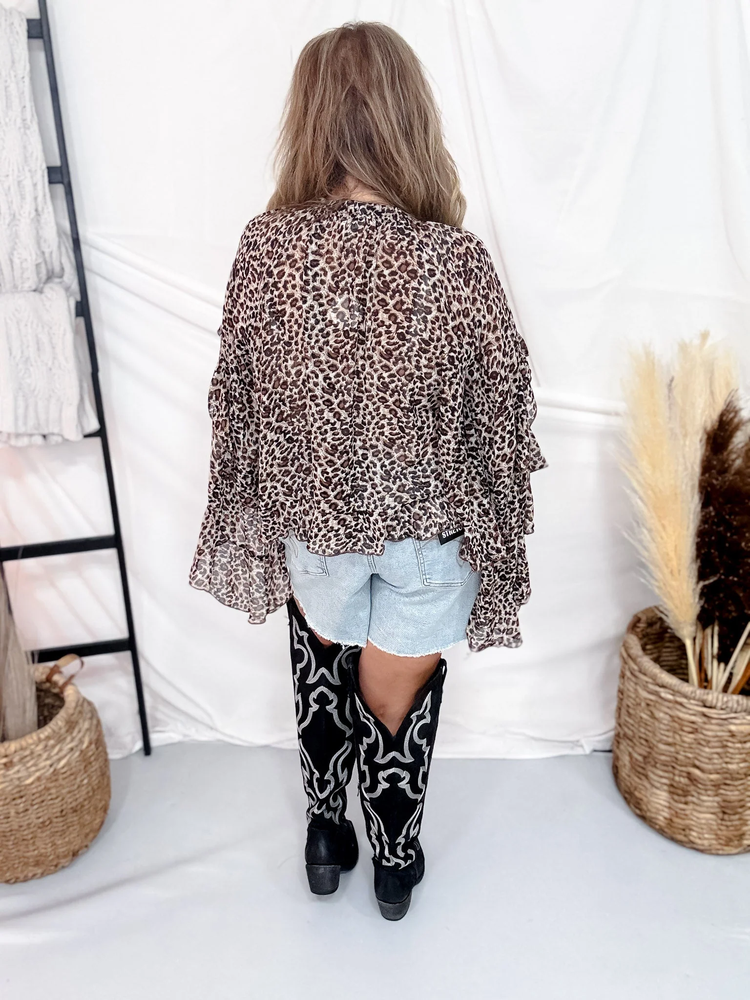 Long Ruffle Sleeve Leopard Print Blouse W/ Tassel Tie Neckline - Image 6
