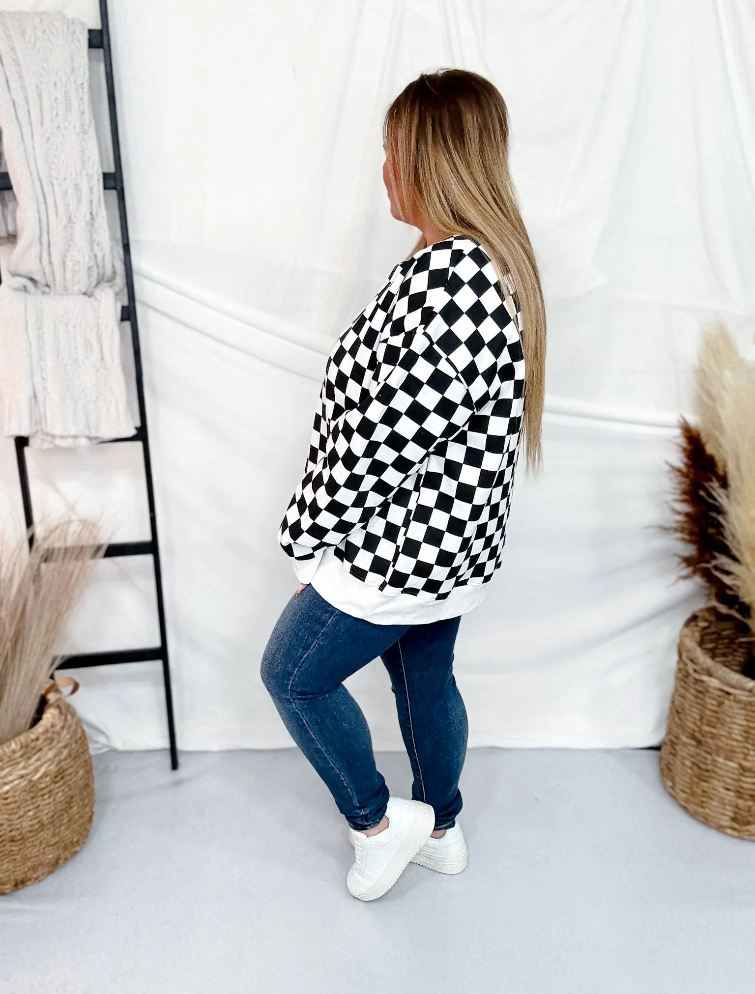 Long Sleeve Black & White Checkered Sweatshirt FINAL SALE - Image 4
