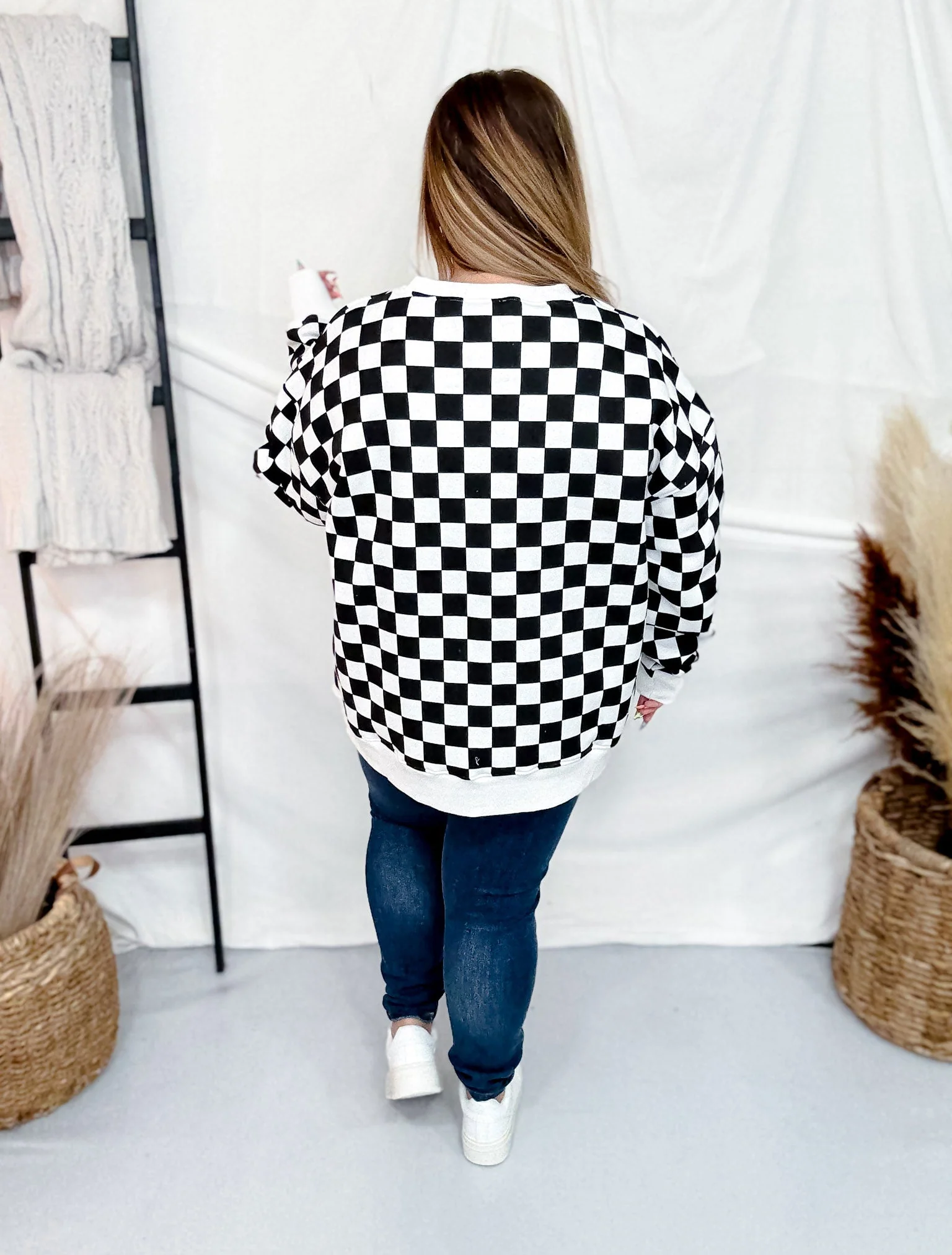 Long Sleeve Black & White Checkered Sweatshirt FINAL SALE - Image 5