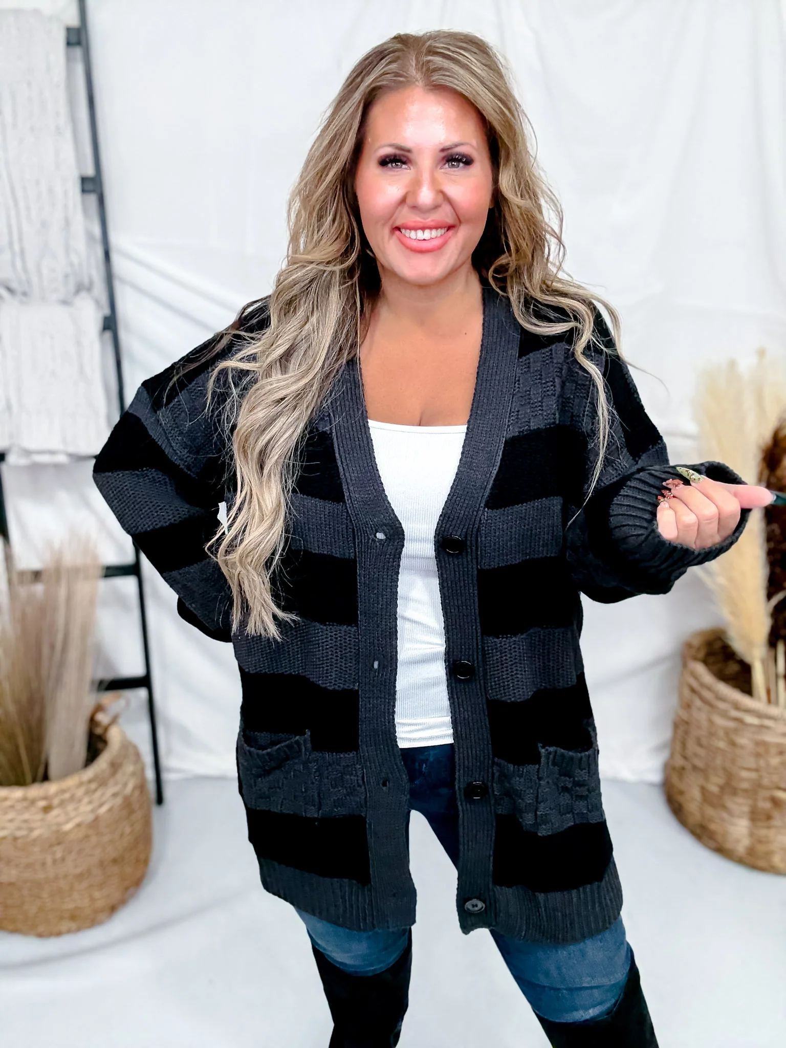 Long Sleeve Knit Black & Charcoal Button Down Cardigan FINAL SALE