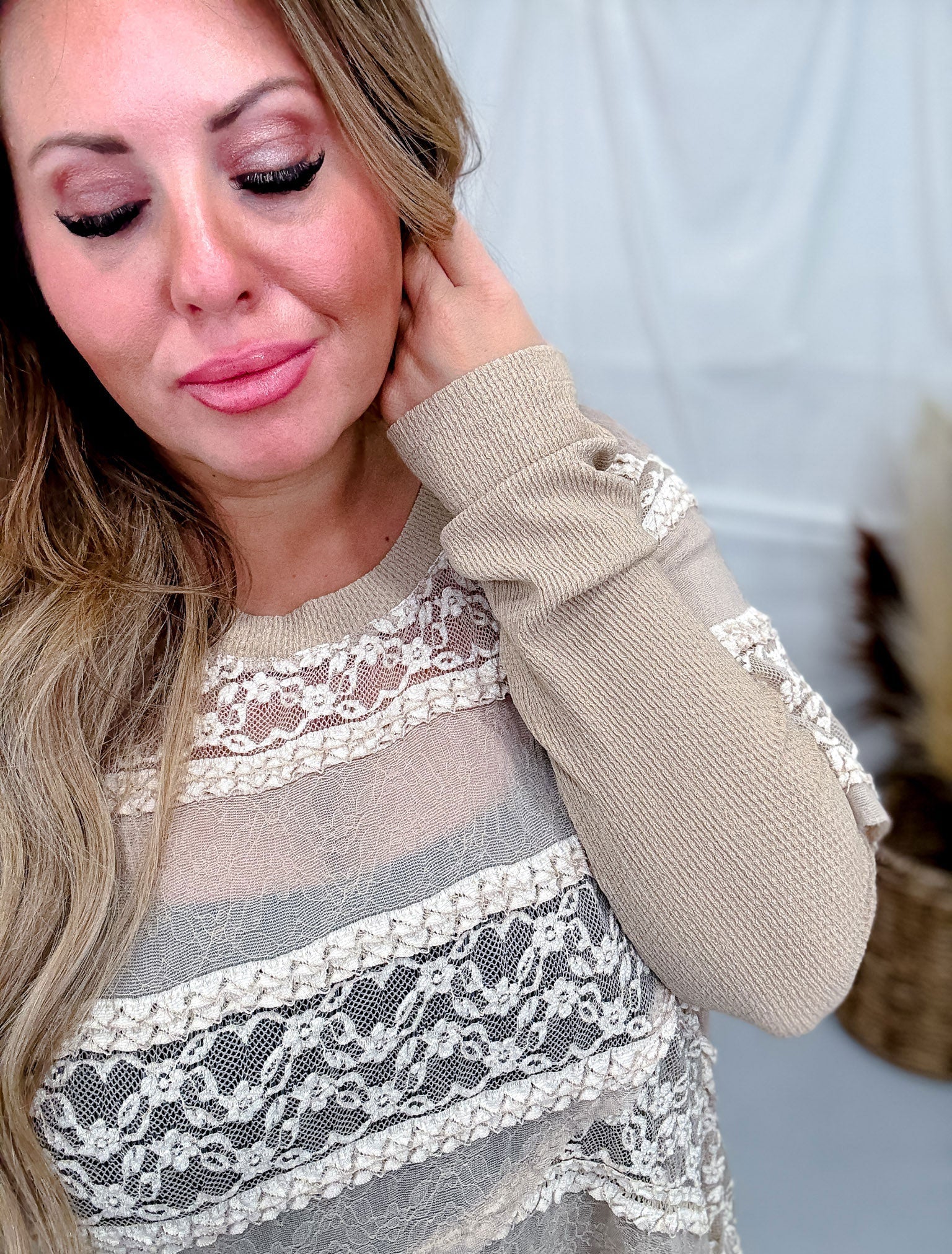 Long Sleeve Layered Top with Lace Panels in Sand - Image 3