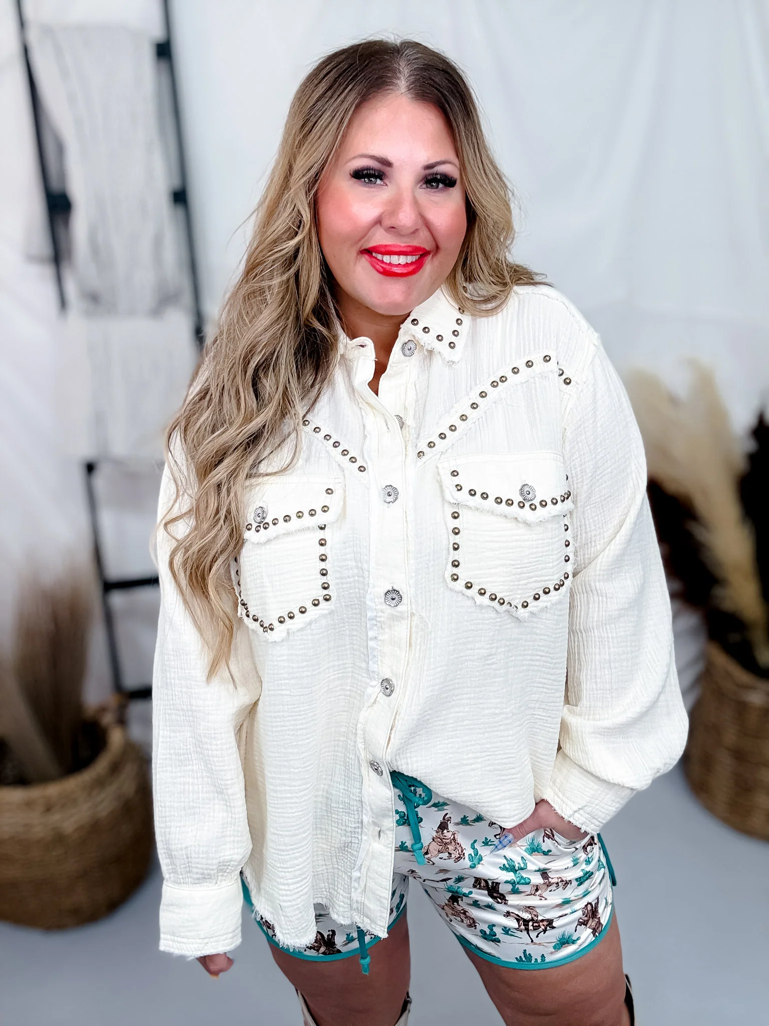 Long Sleeve Natural Button Down Top W/ Studding Details - Image 10