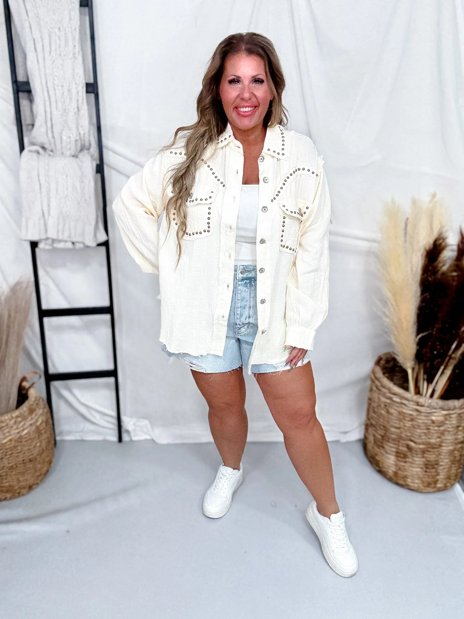 Long Sleeve Natural Button Down Top W/ Studding Details - Image 3