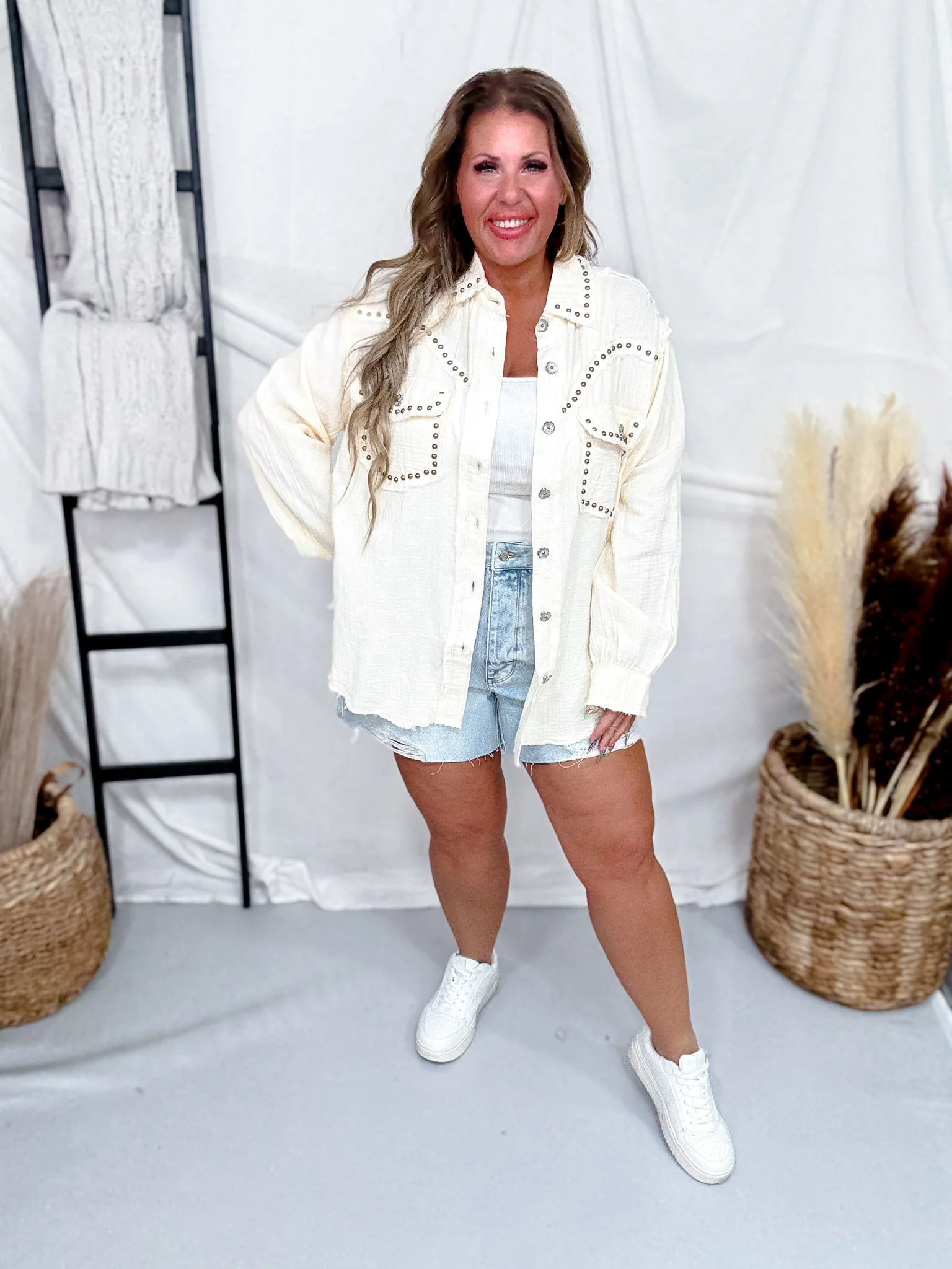 Long Sleeve Natural Button Down Top W/ Studding Details - Image 6