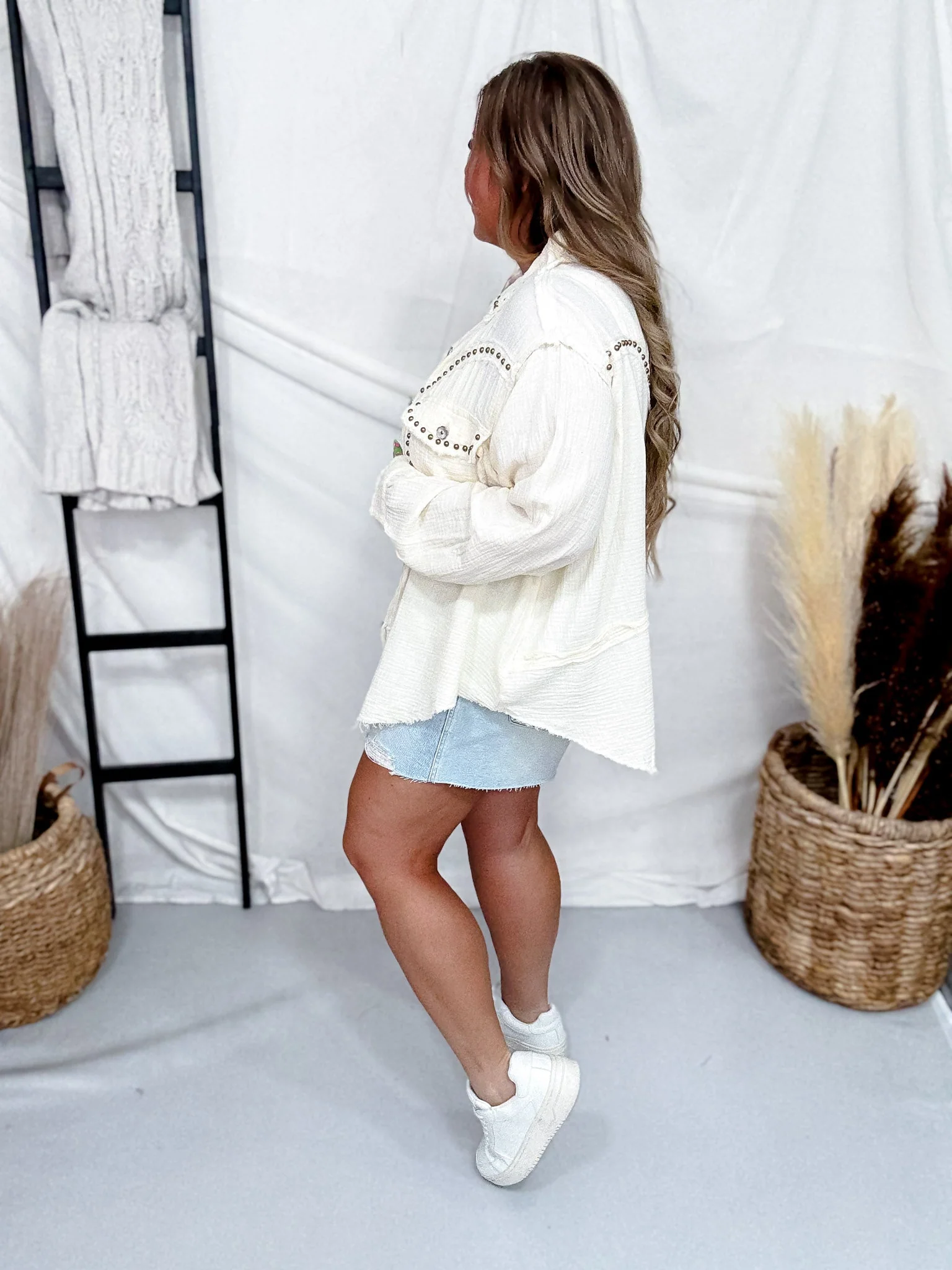 Long Sleeve Natural Button Down Top W/ Studding Details - Image 7