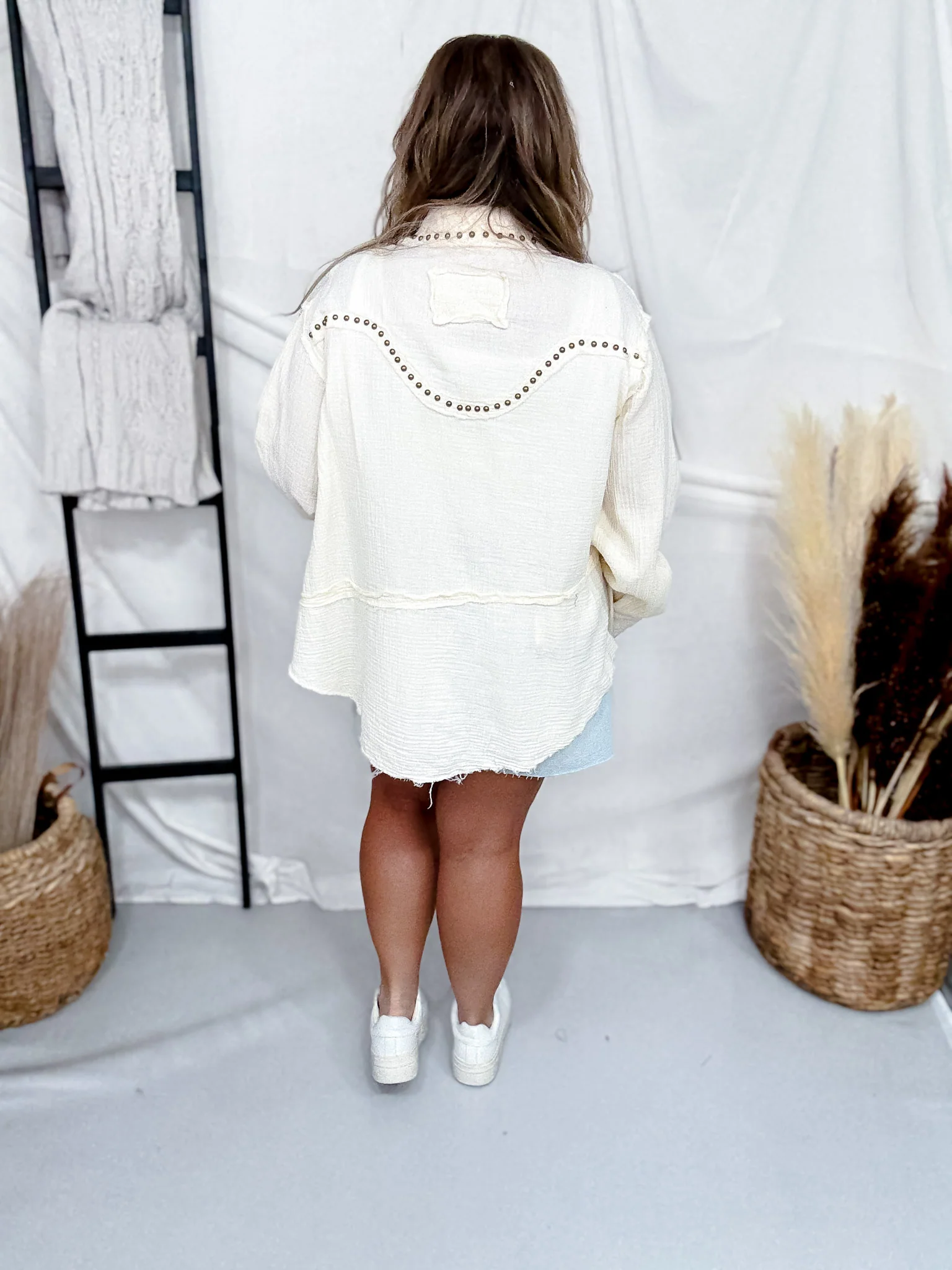 Long Sleeve Natural Button Down Top W/ Studding Details - Image 8