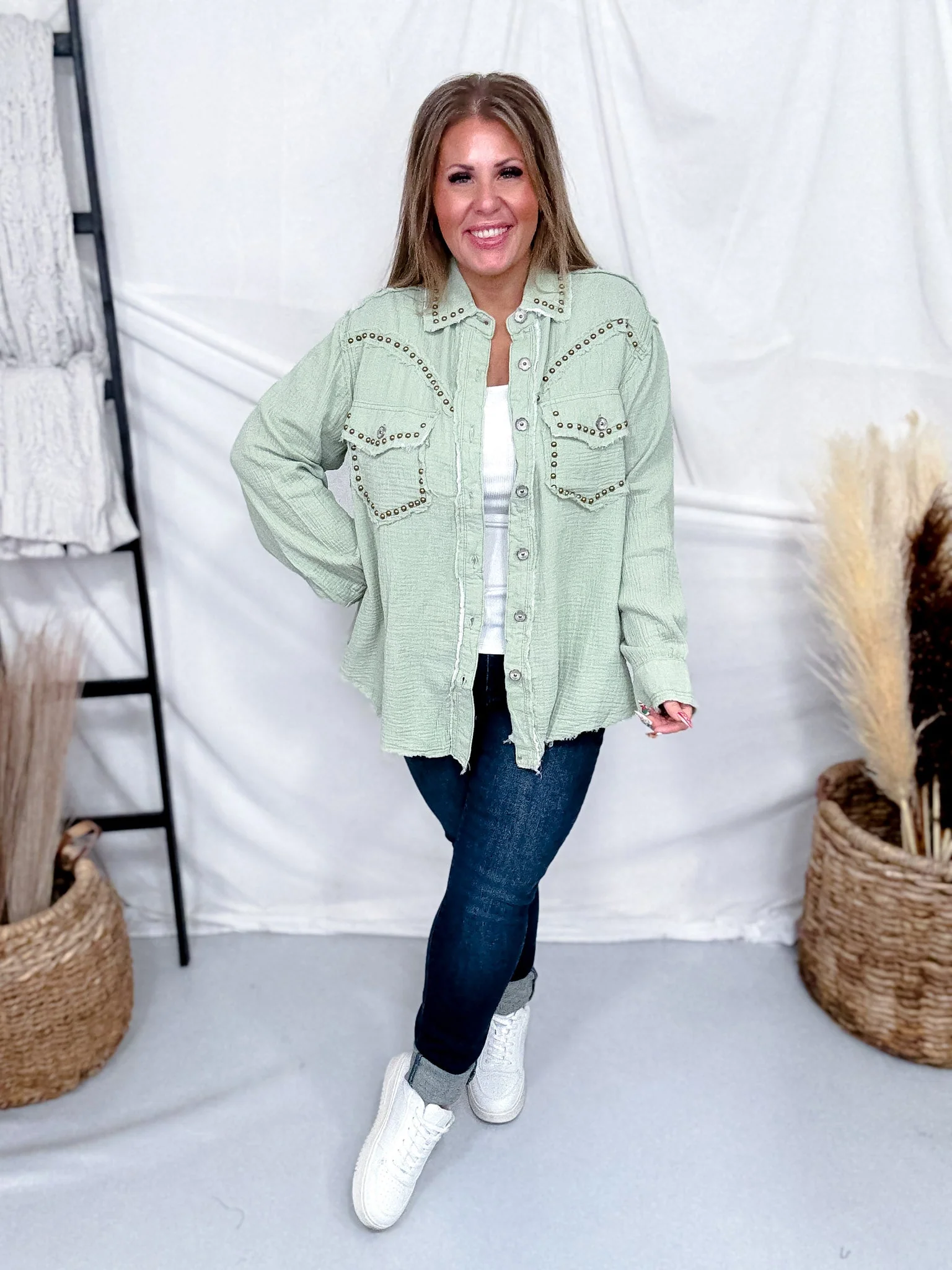 Long Sleeve Pistachio Button Down Top W/ Studding Details - Image 2