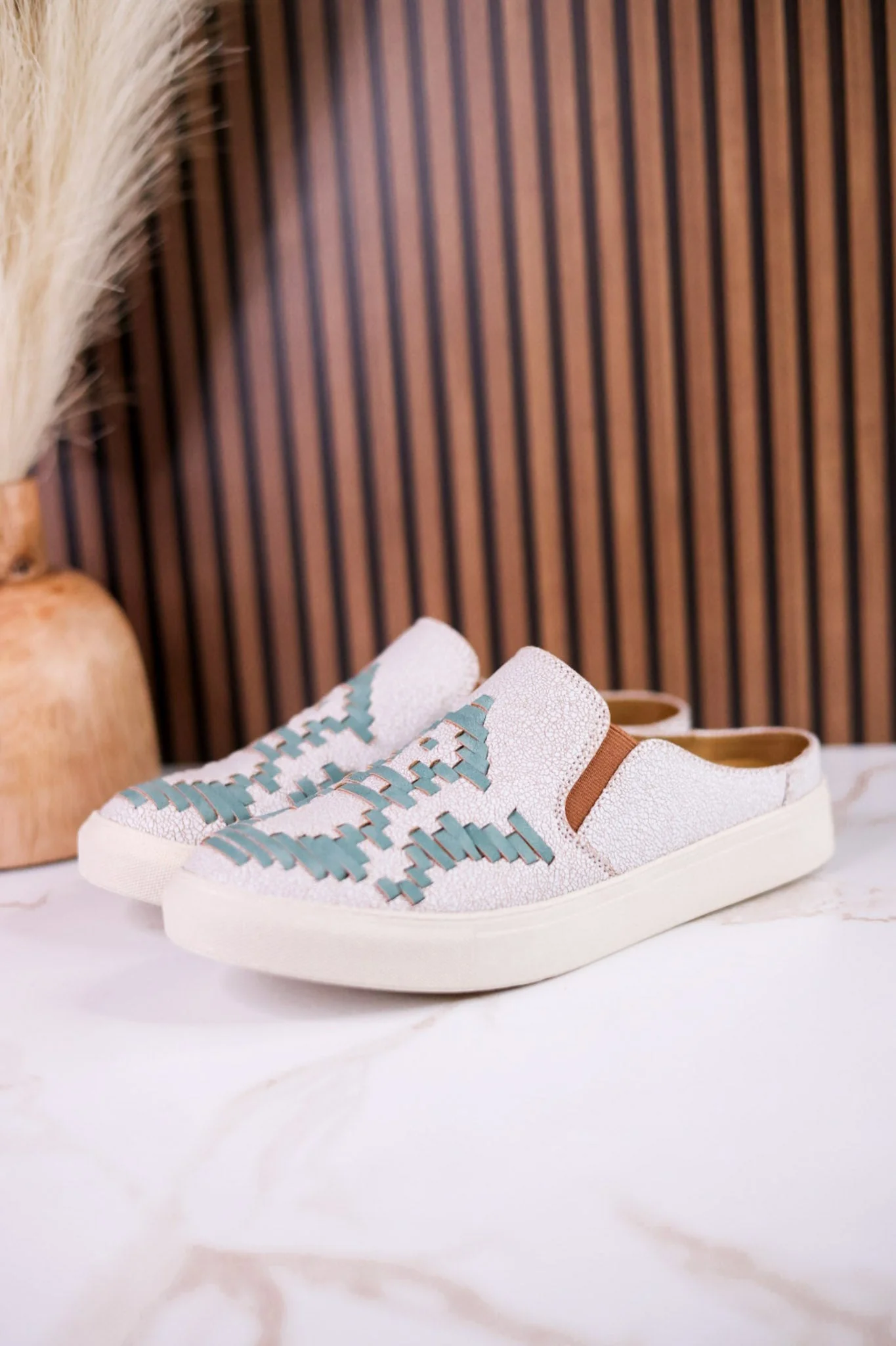 "Marian" Cream Crackle Mule Sneakers With Turquoise Aztec Pattern