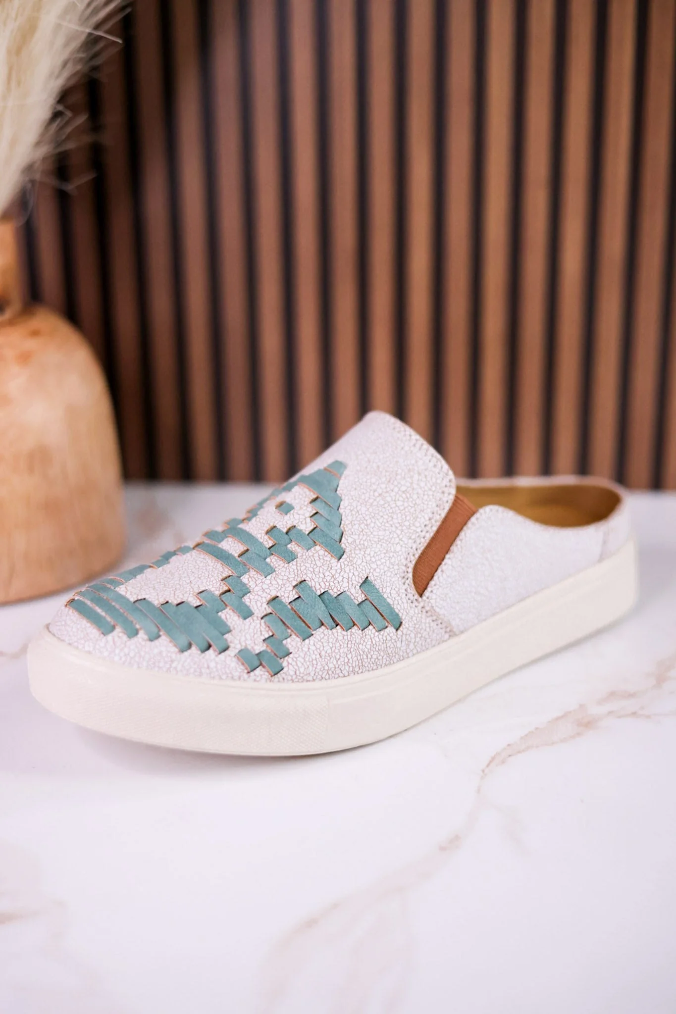 "Marian" Cream Crackle Mule Sneakers With Turquoise Aztec Pattern - Image 10
