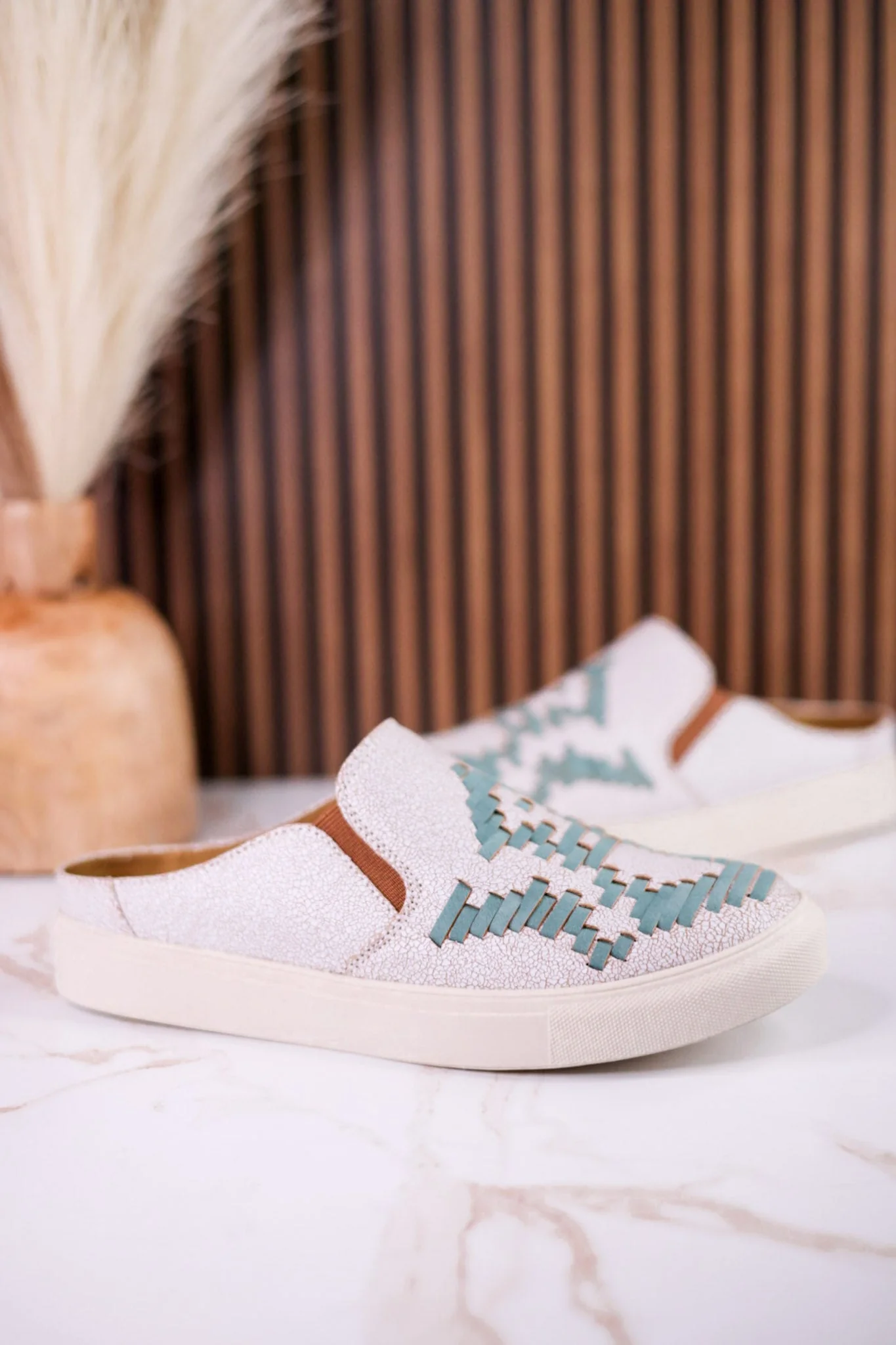 "Marian" Cream Crackle Mule Sneakers With Turquoise Aztec Pattern - Image 4