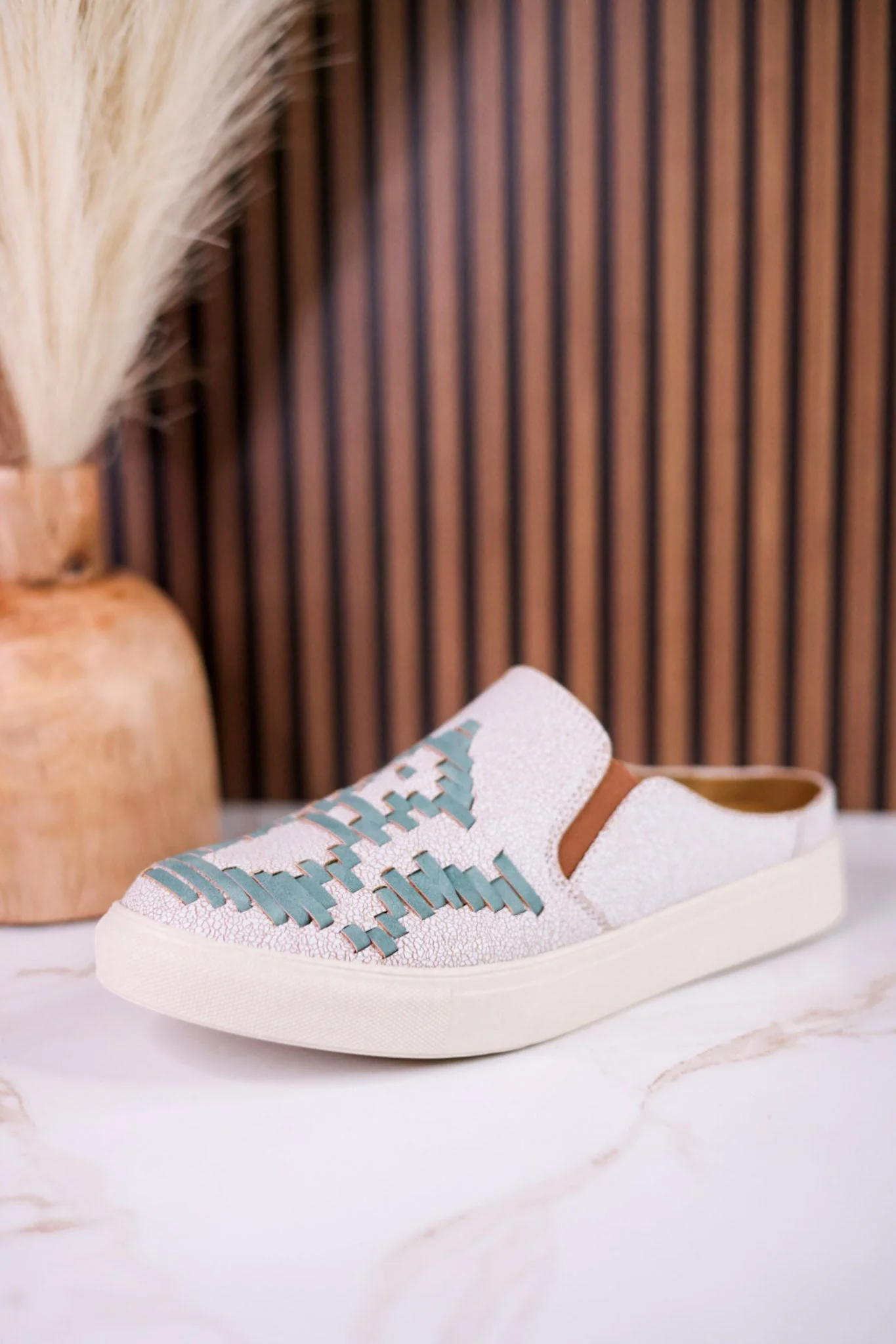"Marian" Cream Crackle Mule Sneakers With Turquoise Aztec Pattern - Image 5