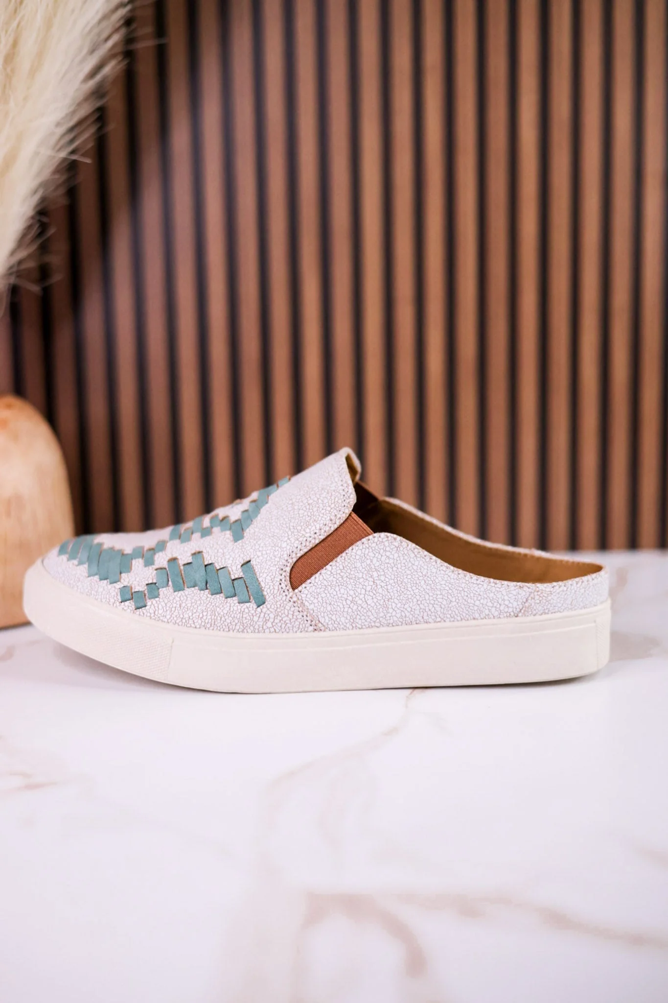 "Marian" Cream Crackle Mule Sneakers With Turquoise Aztec Pattern - Image 6