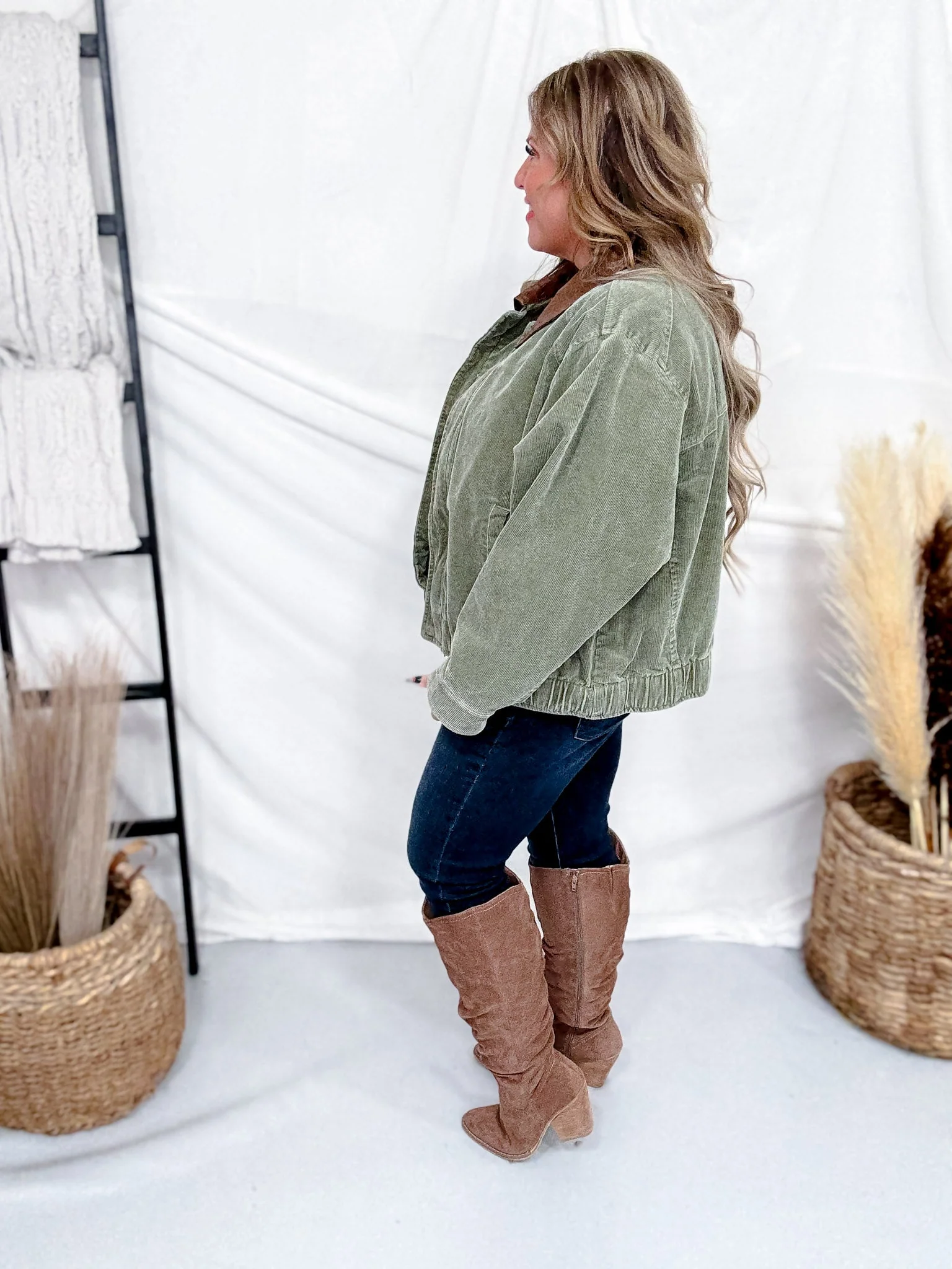 Mineral Washed Olive Corduroy Jacket With Faux Leather Collar FINAL SALE - Image 10