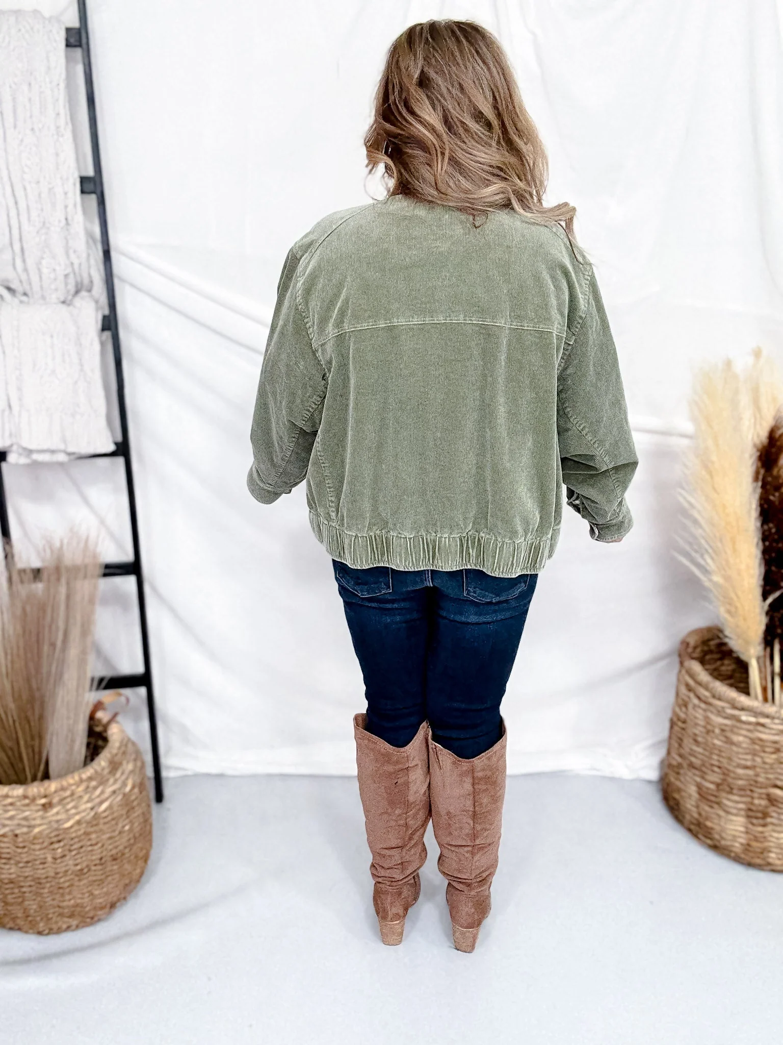 Mineral Washed Olive Corduroy Jacket With Faux Leather Collar FINAL SALE - Image 11