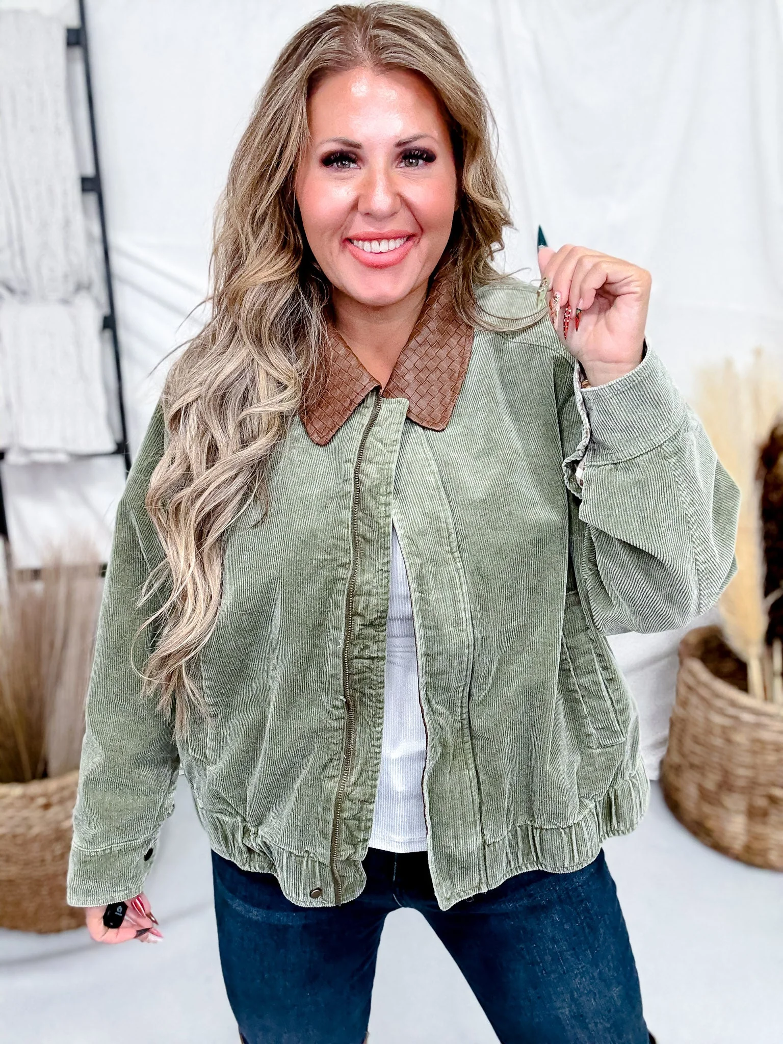 Mineral Washed Olive Corduroy Jacket With Faux Leather Collar FINAL SALE - Image 4