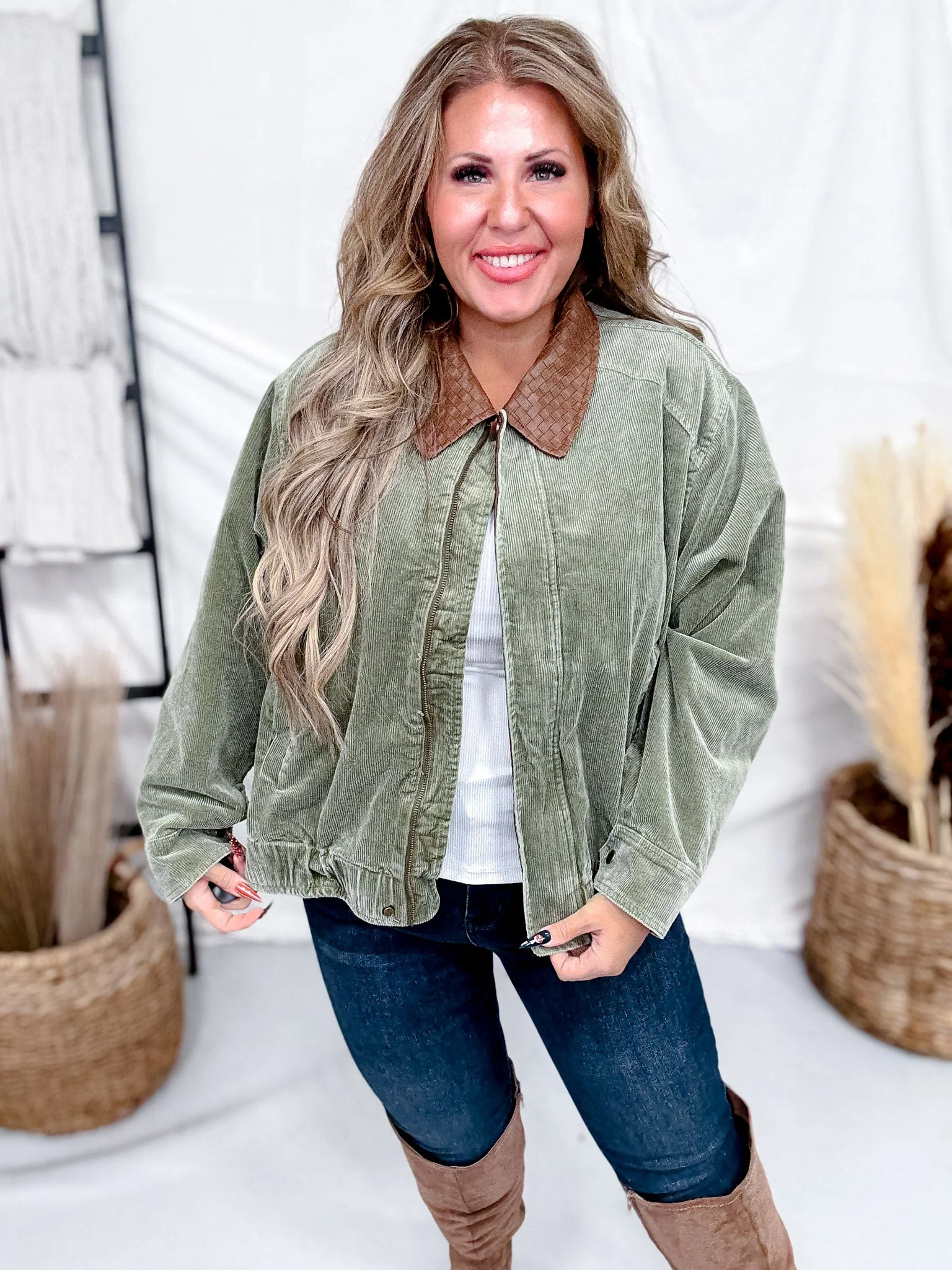 Mineral Washed Olive Corduroy Jacket With Faux Leather Collar FINAL SALE - Image 5
